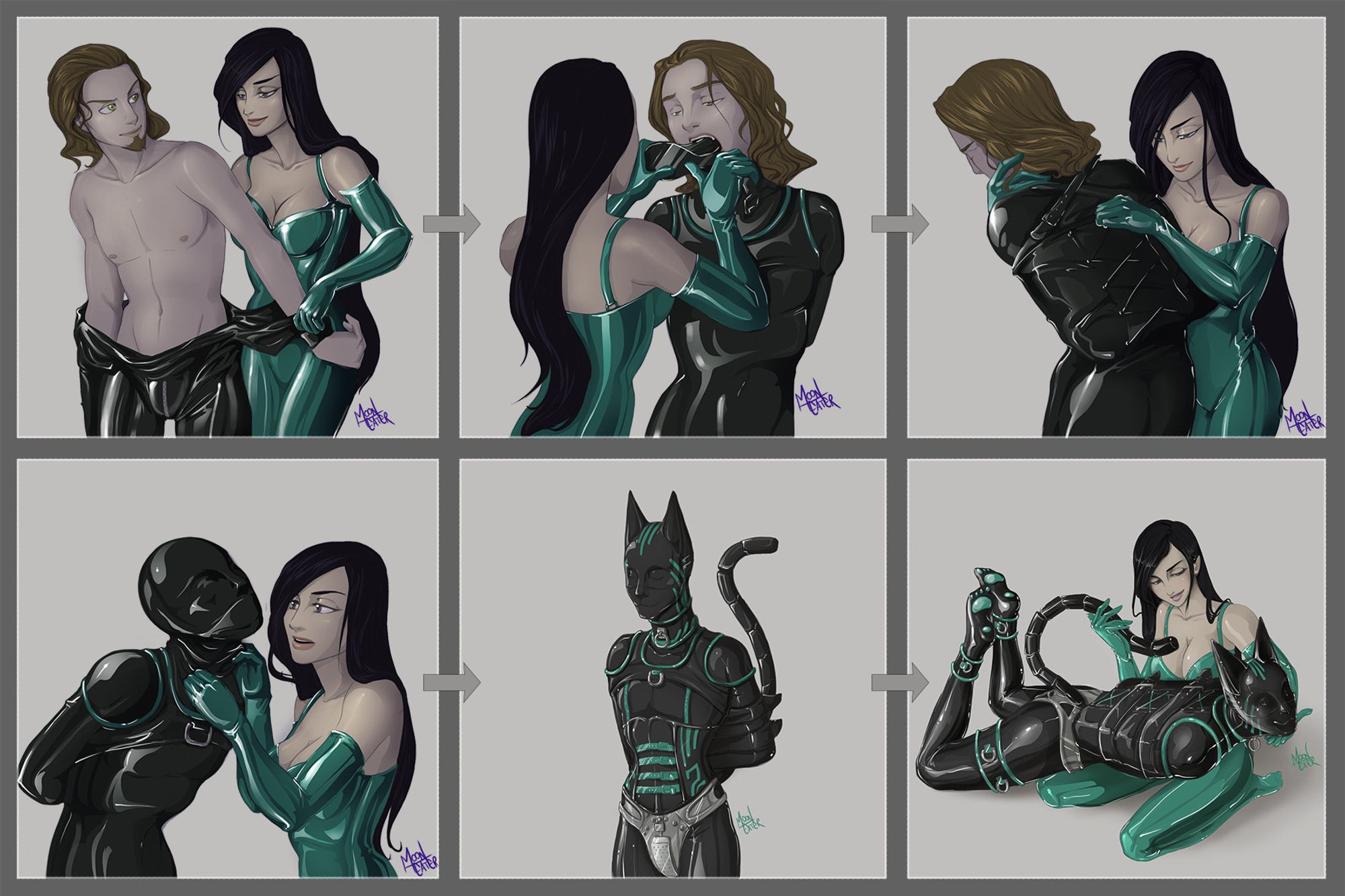 sequence sketch drawings of a male human getting dressed into a shiny latex catsuit with armbinder, corset, chastitybelt as well as a kitty mask and tail. Woman in latex dress is dressing him up, then cuddleing with him.