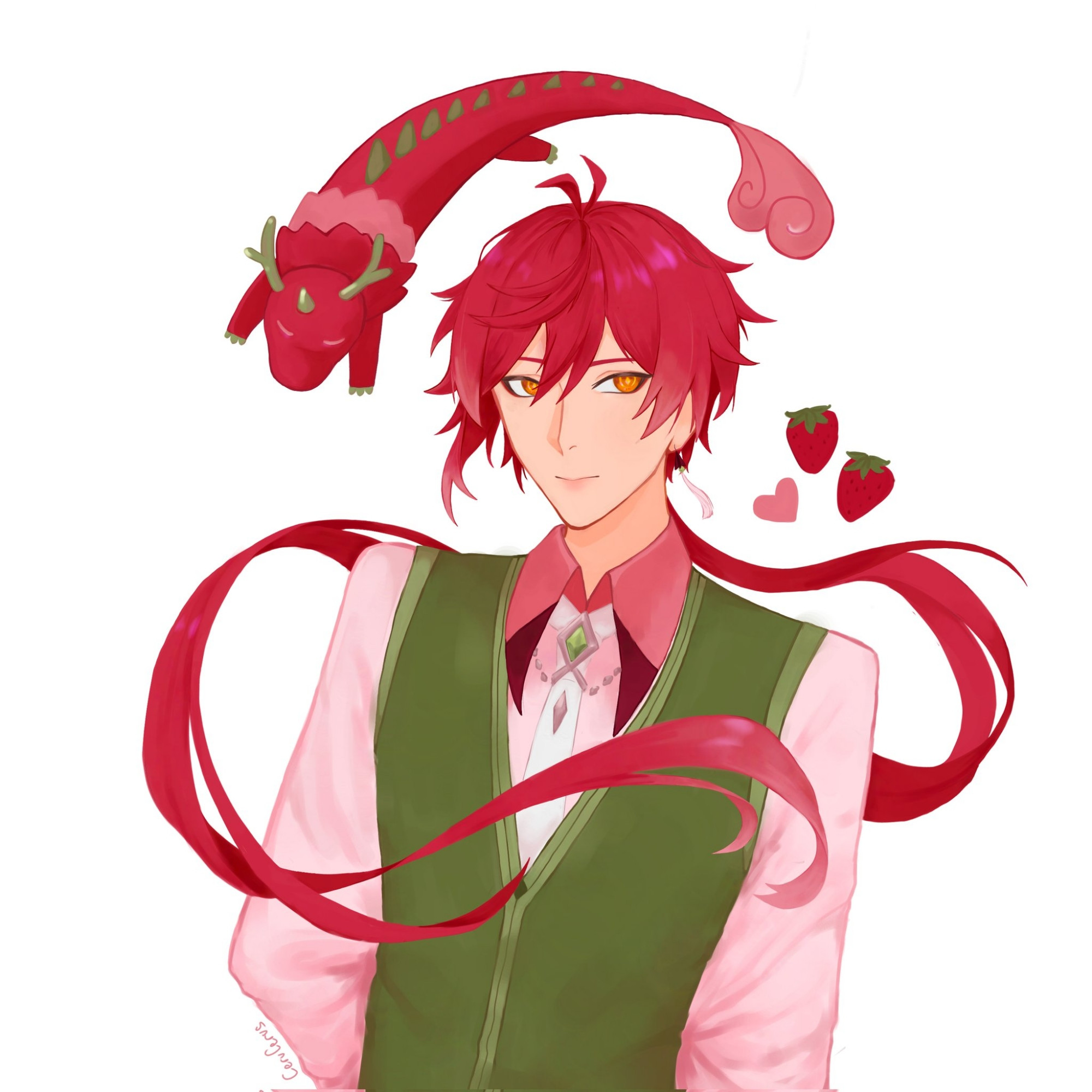 zhongli but he's strawberry themed with hot pink hair and a green vest and pink dragon