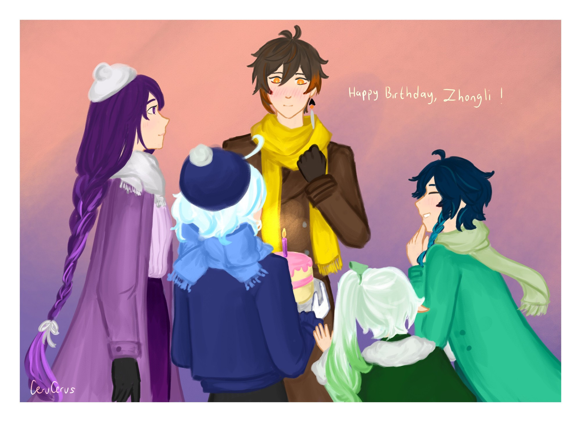 Nahida, Furina, Venti, and Ei surprising Zhongli with a birthday cake on his birthday. They are wearing their new years outfits. 