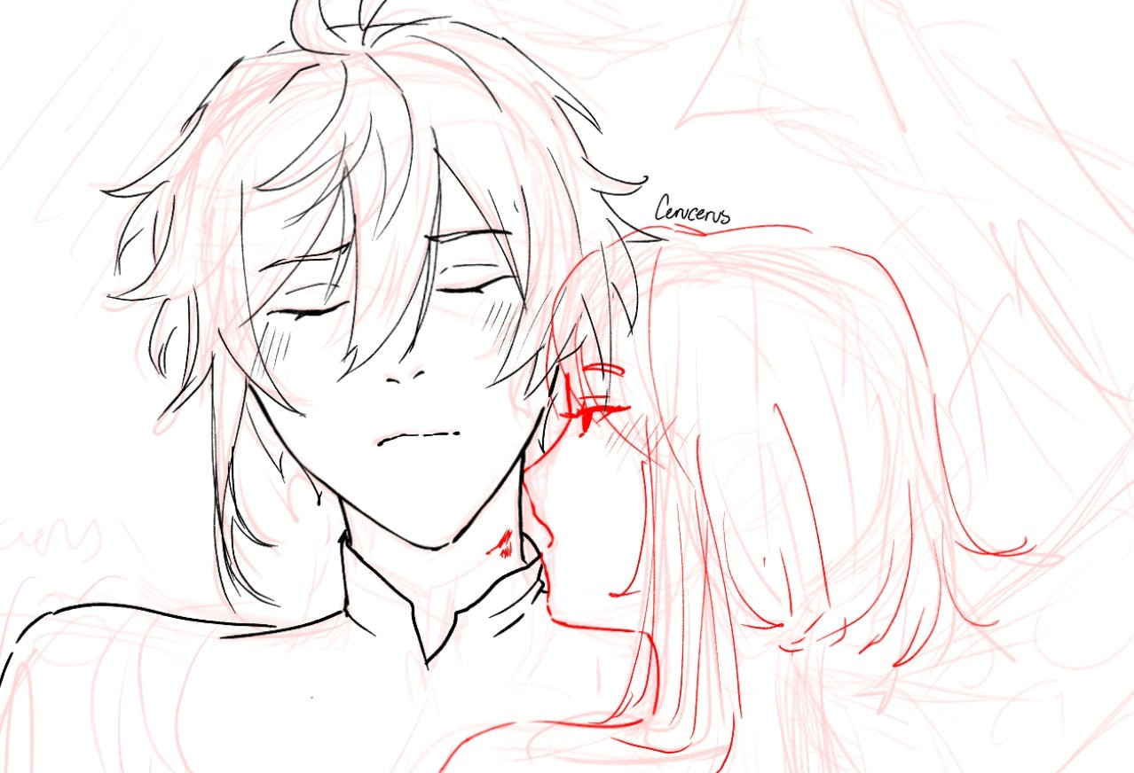 Sketch of guizhong kissing zhongli's neck