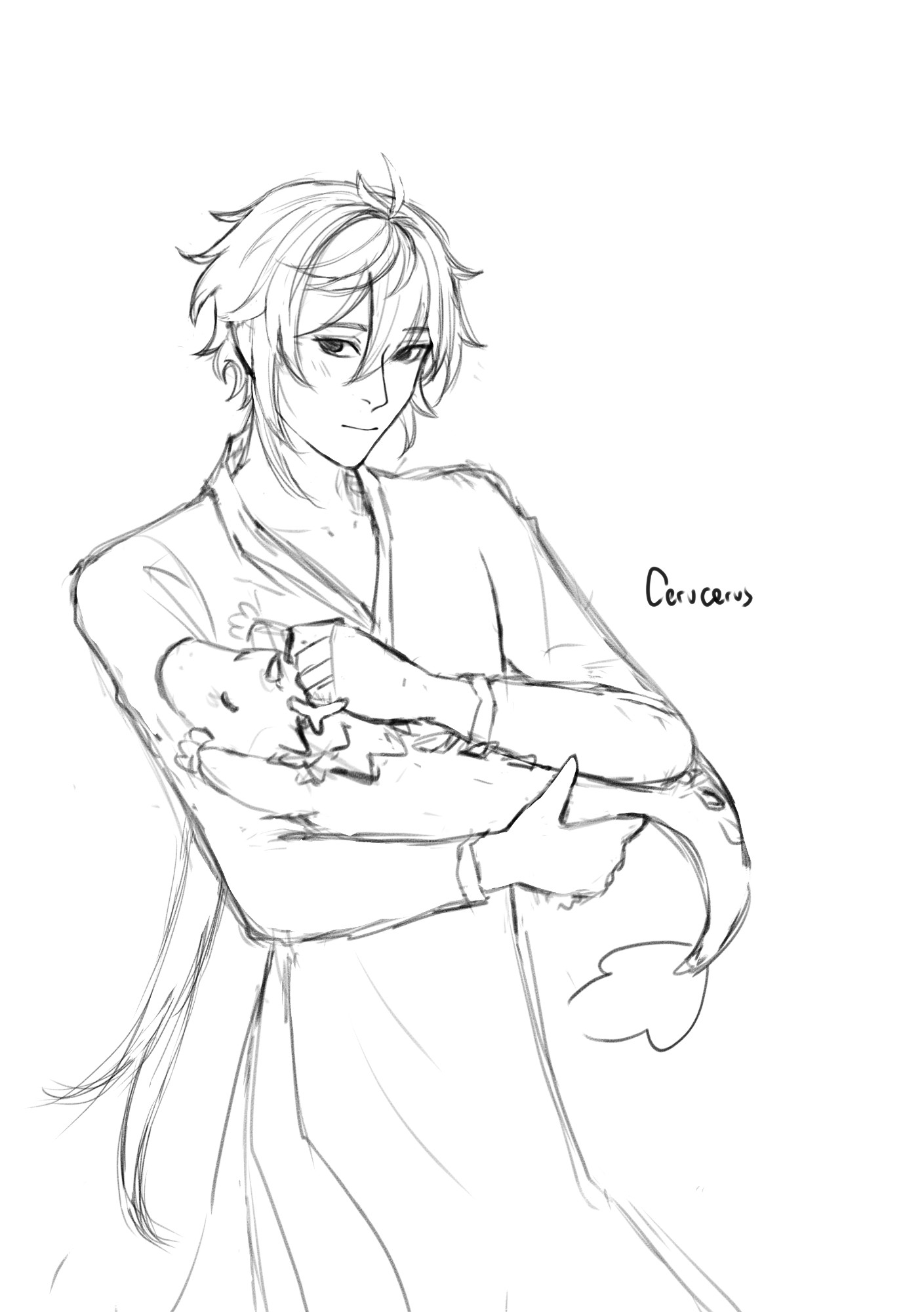 Sketch of zhongli with a small dragon version of himself