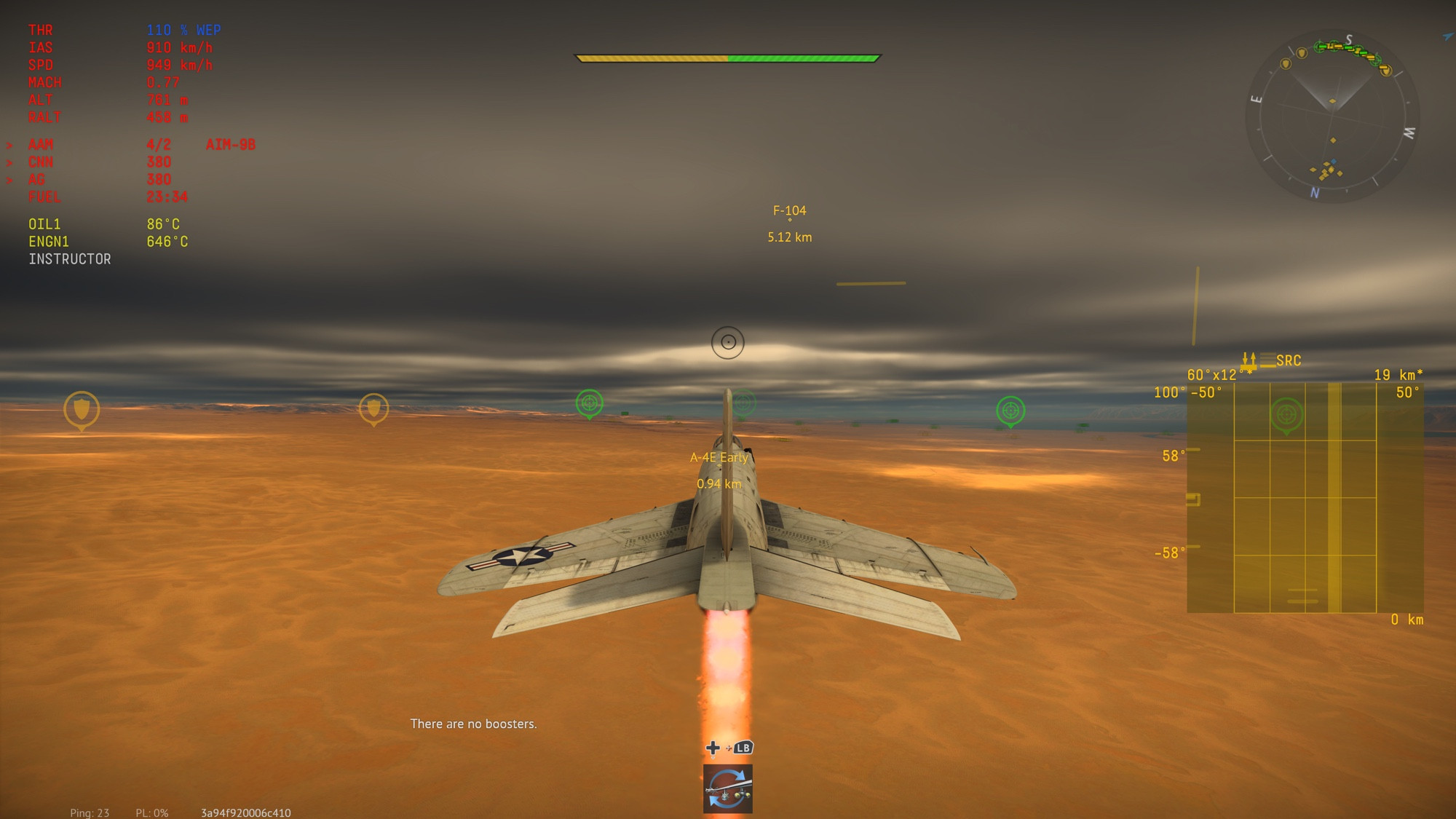 a screenshot of war thunder, detailing a plane in afterburner over a desert area. the sky is covered with thick clouds that are very low to the ground.