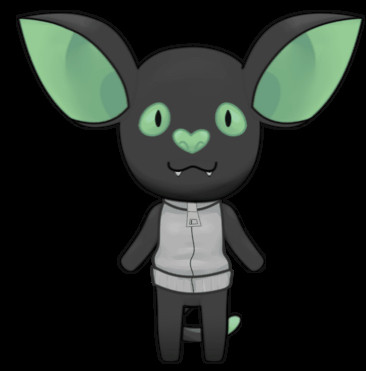 Gurophilia’s fursona animated in simplistic chibi style. Their fur is black with a mint green tip on their feline tail; the same color applies to the eyes, nose, and inner ear.