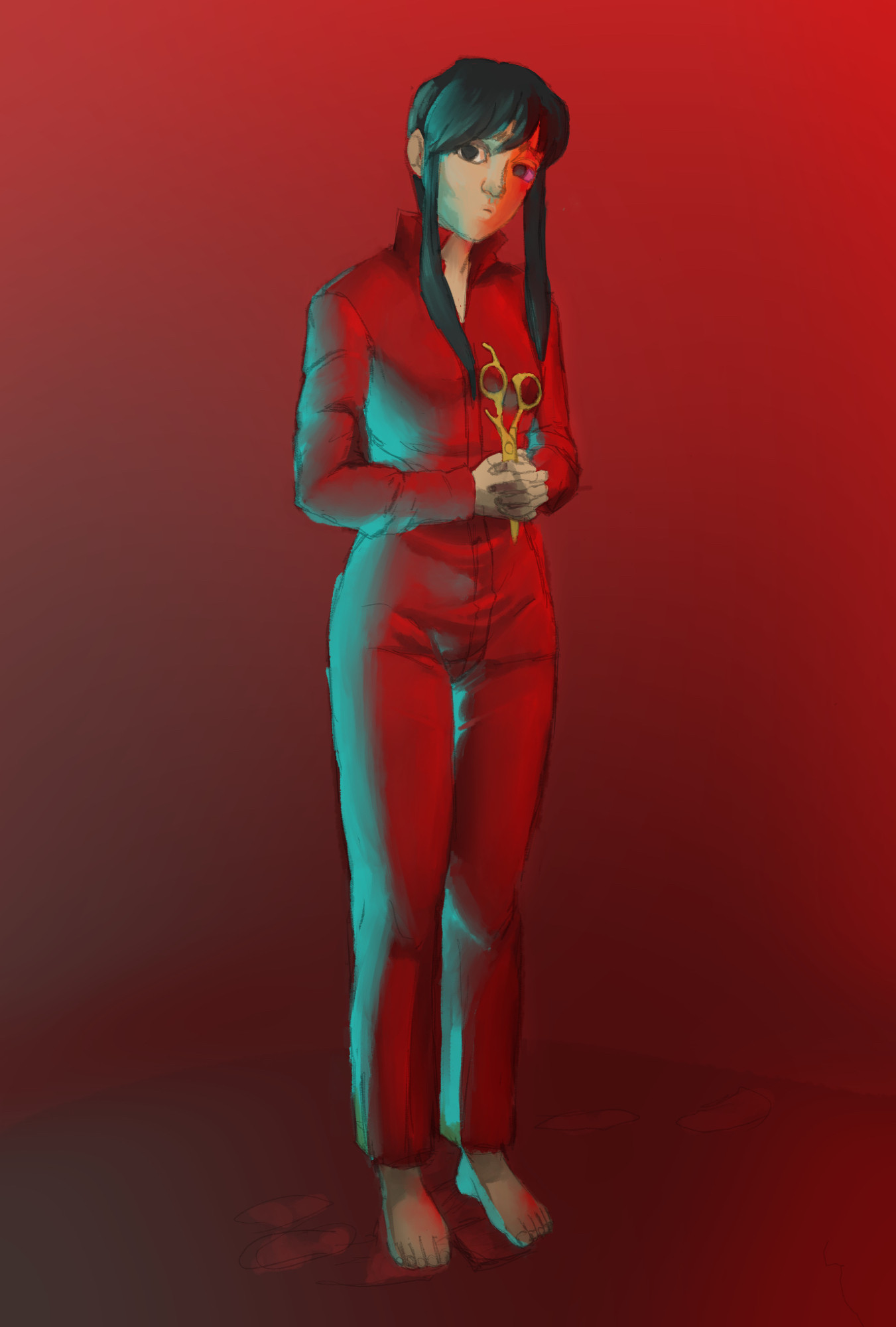 Gurophilia’s human persona in a red jumpsuit, holding a golden pair of scissors in reference to the movie Us.