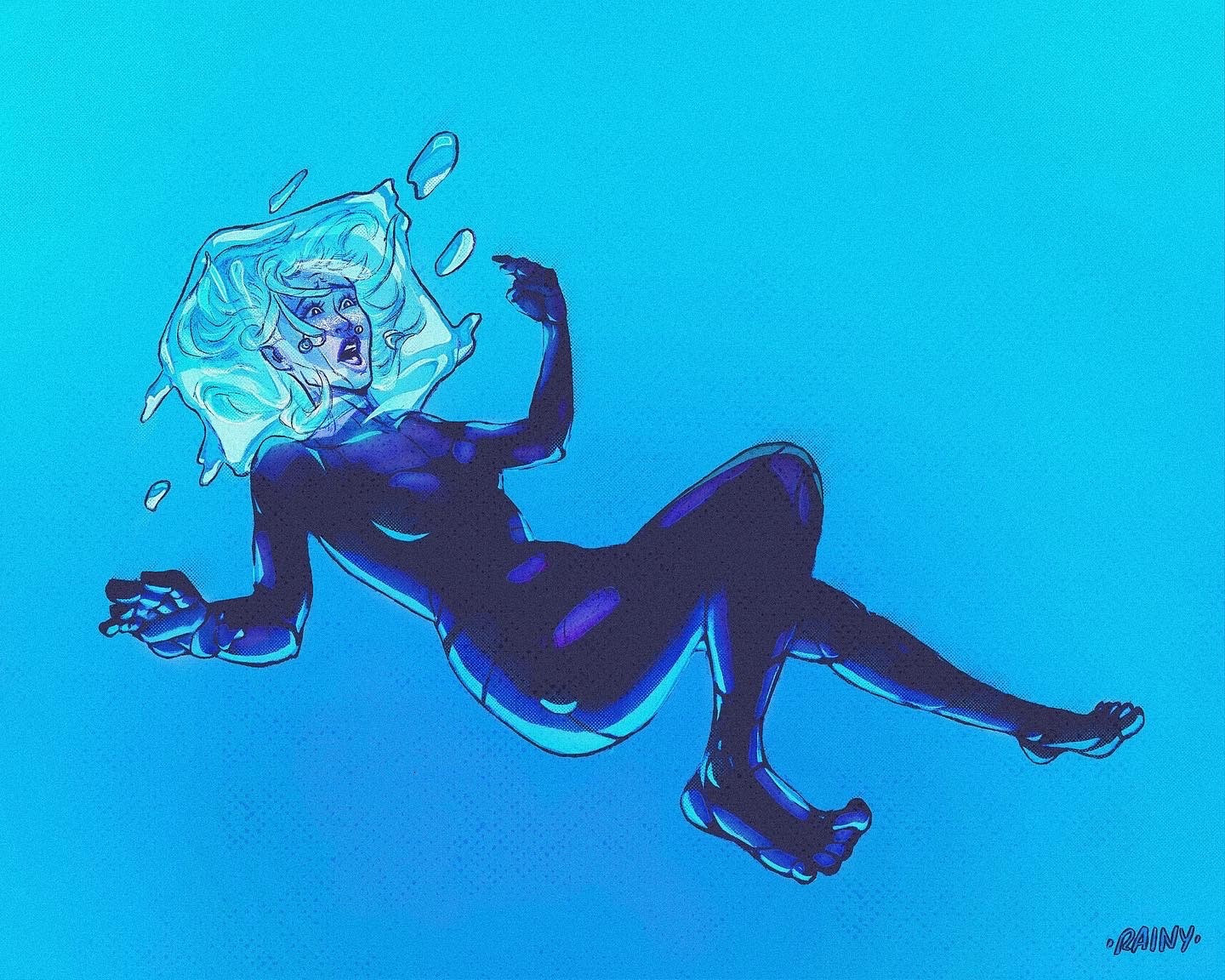 digital illustration of a woman/cyborg/android that appears to be floating or suspended in a blue abyss with her head trapped inside a water cube gasping for air and her limbs extending outward. signed RAINY (rainy-draws,_rainydraws on other socials) at the bottom right of the image.