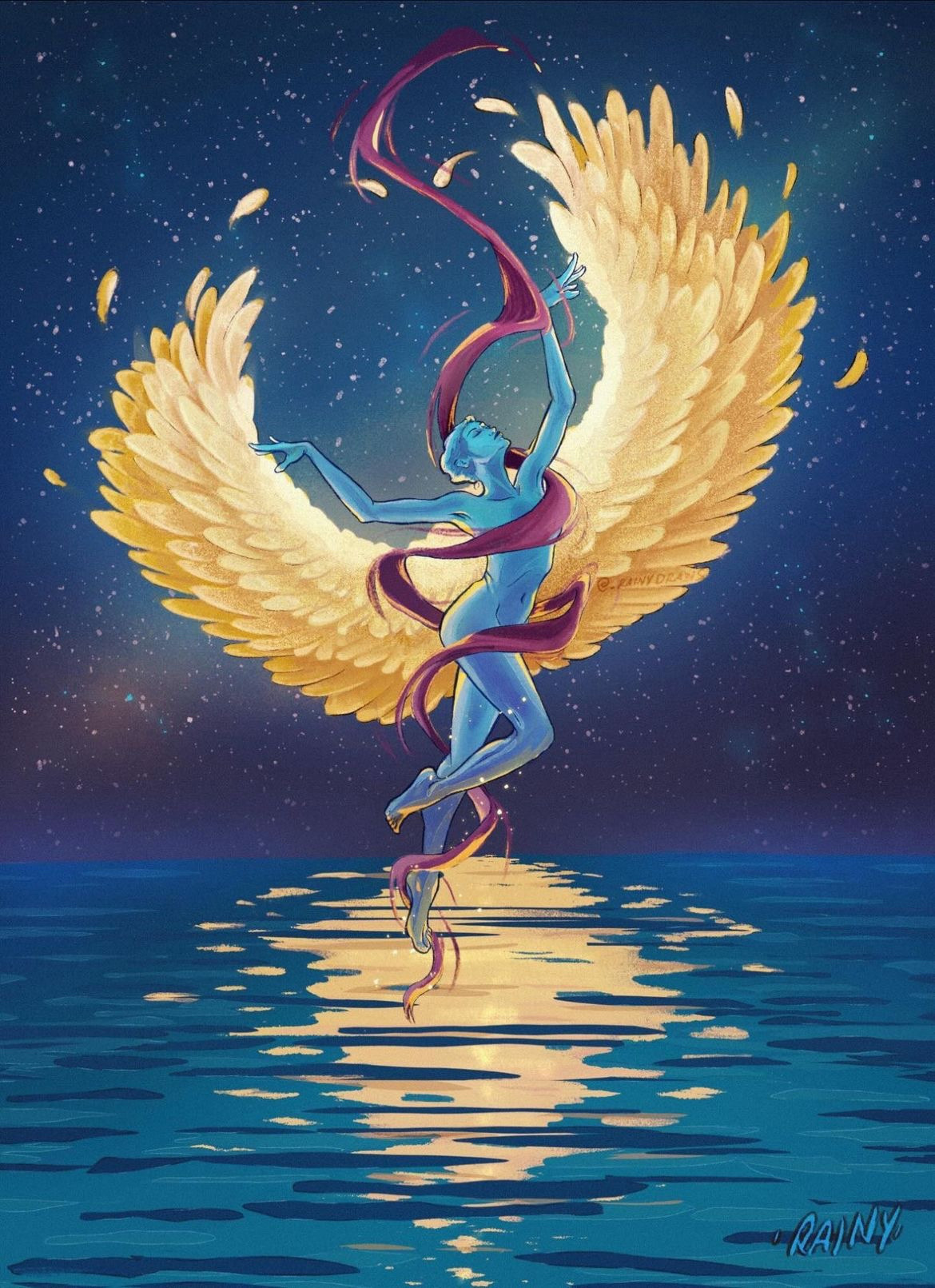 Art illustration of a female dancer of blue skin with golden wings extended forming a crescent moon shape and a flowing purple ribbon that gracefully twirls along her figure. There's a water surface below her reflecting the glow of her wings, and above, a night sky with several zodiac constellations faintly glowing among all other stars. it's signed RAINY (rainydraws) on the bottom right corner.