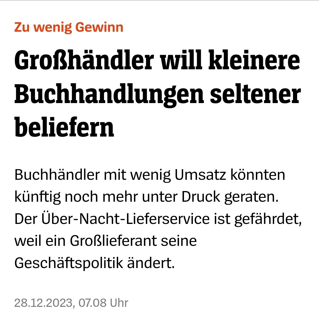 Zu wenig Gewinn
Großhändler will kleinere Buchhandlungen seltener beliefern
Buchhändler mit wenig Umsatz könnten künftig noch mehr unter Druck geraten. Der Über-Nacht-Lieferservice ist gefährdet, weil ein Großlieferant seine Geschäftspolitik ändert