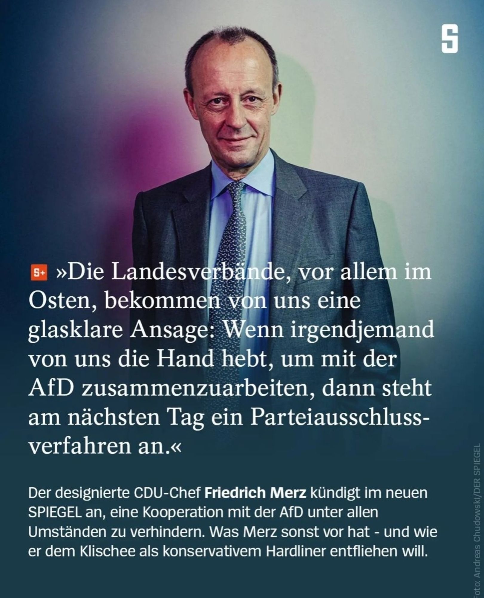 „Die Landesverbände, vor allem im Osten, bekommen von uns eine glasklare Ansage: Wenn irgendjemand von uns die Hand hebt, um mit der AfD zusammenzuarbeiten, dann steht am nächsten Tag ein Parteiausschlussverfahren an“, sagte Merz.