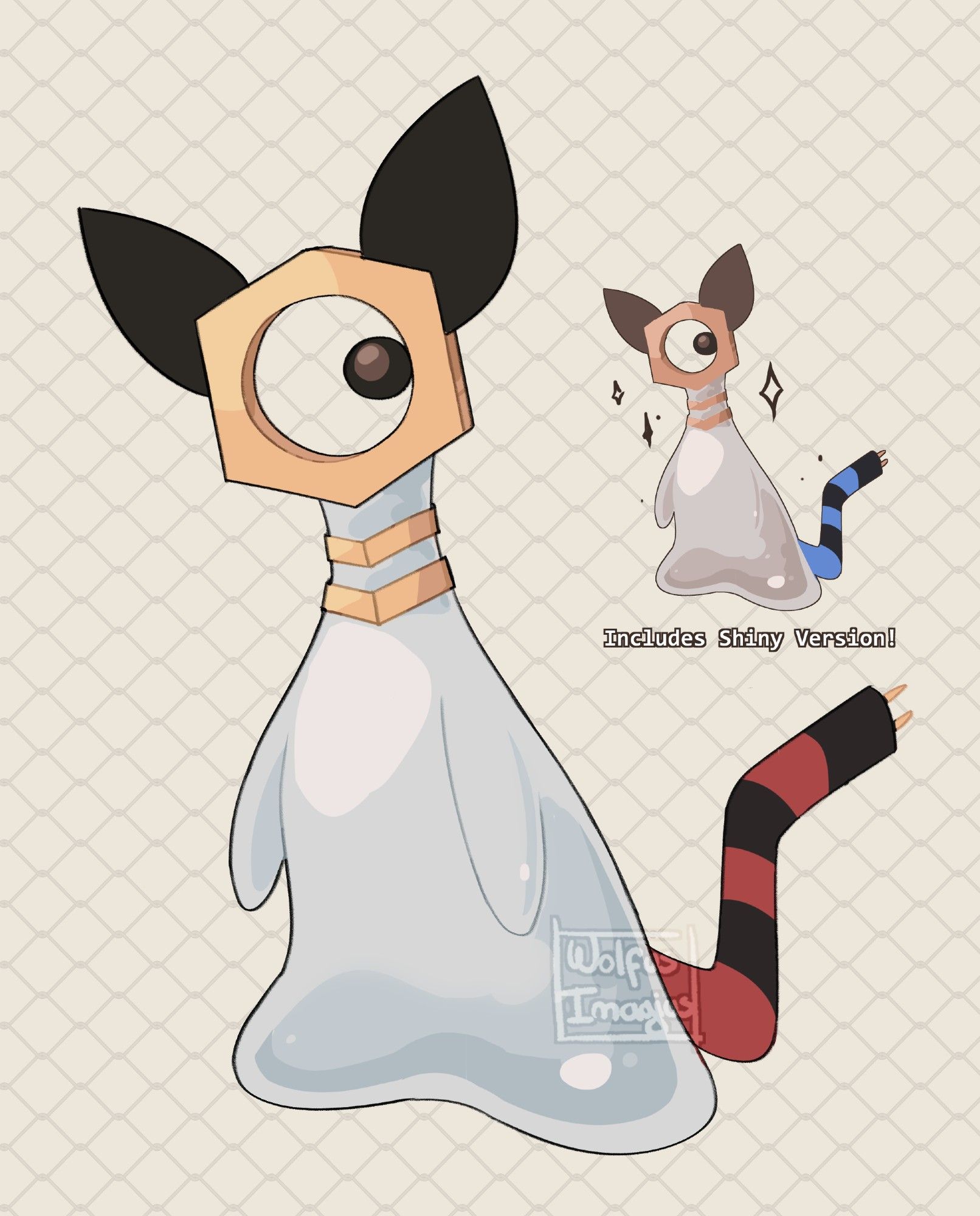 An Ampharos x Meltan Pokefusion design! Their body is liquid metal, and they have faux ears in the hexagonal nut. The tail wire has three darker rings. Image includes a shiny version preview!