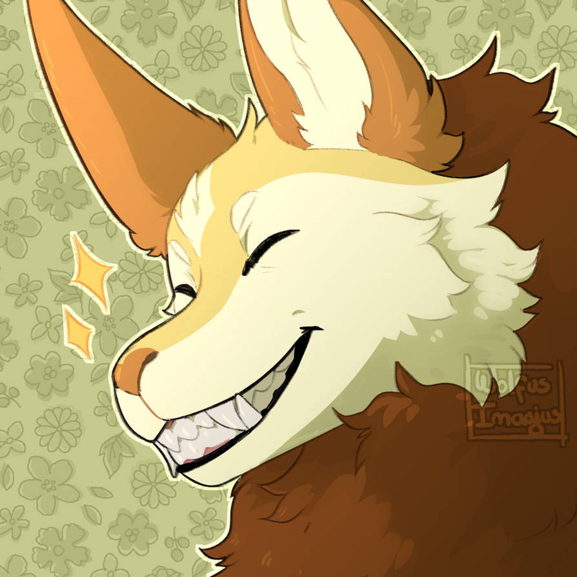 Icon of a fox dragon character, they have a bunny nose, long ears and a very fluffy cheeks and neck. They are smiling with eyes closed!
A green pattern of flowers is in the background