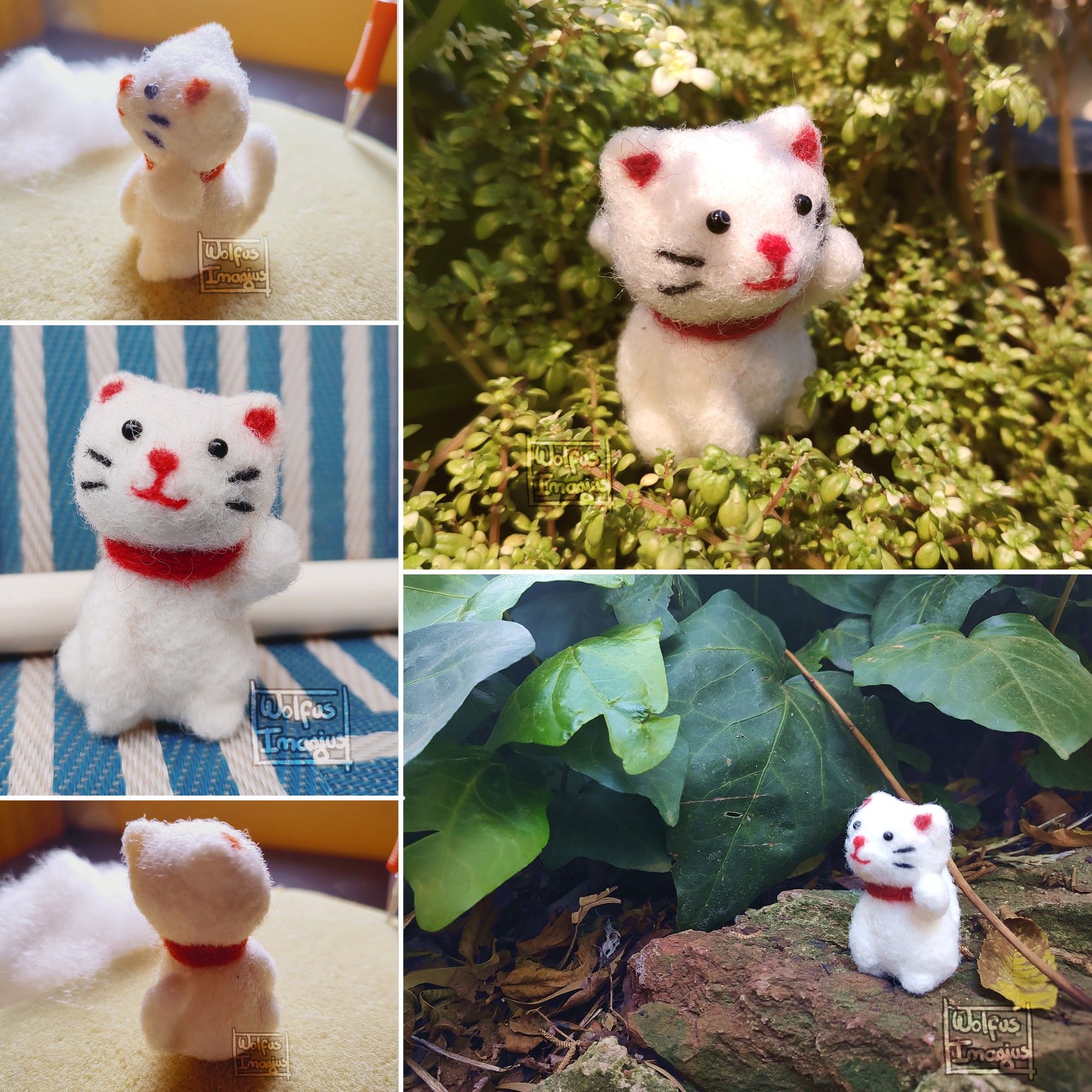 A set of 5 photos of a lucky cat needlefelt. The three pictures on the left show a profile view, a front view and a back view. The two bigger pictures show them in different places, the top one shows them over a plant and the other shows them over a rock with plants behind them!