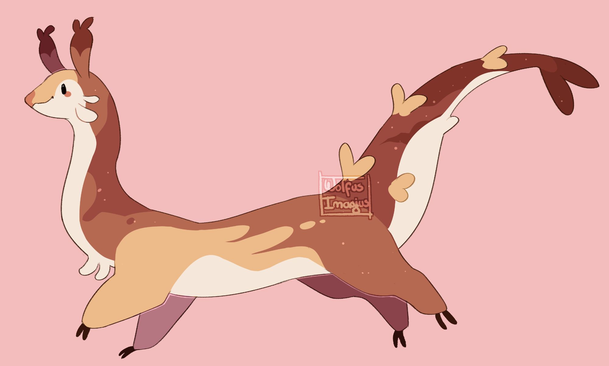 Drawing of a Mellowslug character. they body is long and their legs are medium short. They are primarily tan and brown colored, with cream underbelly