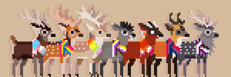 Seven pixel art deer of varying species wearing scarves that use pride flag colors. From left to right- Javan Rusa (transgender), Chital (pansexual), Fallow (Rainbow), Tufted (nonbinary), Red Brocket (Lesbian), Fea's Muntjac (Bisexual), Sika (Asexual)