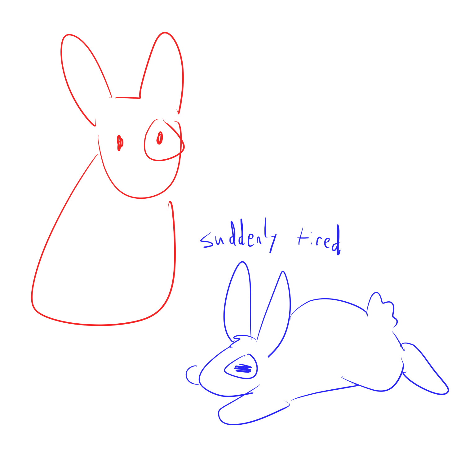 extremely low-effort bunny doodles (one bunny is 'suddenly tired')