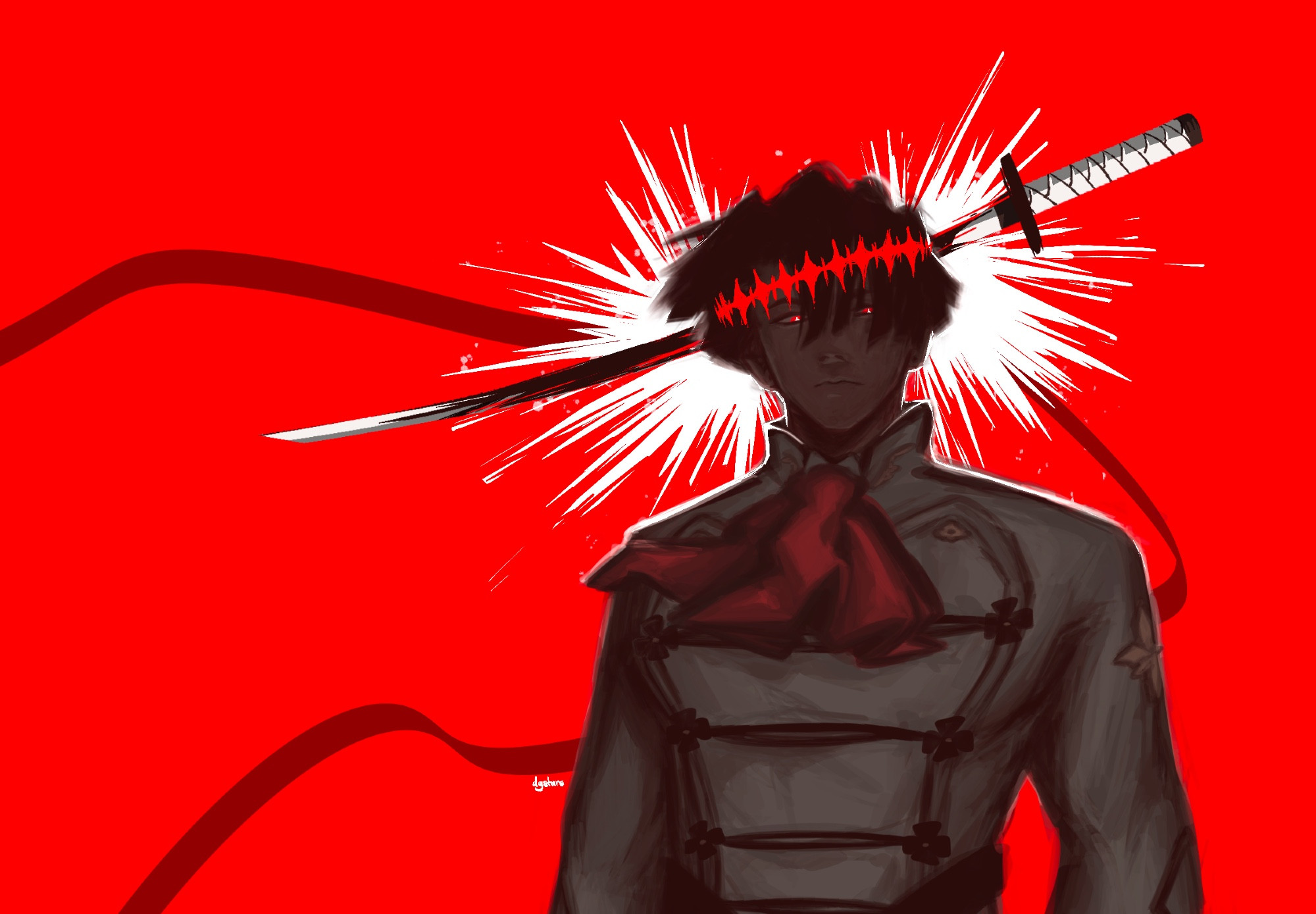 kazuma asogi with his sword “karma” piercing his head in a dramatic but symbolic fashion