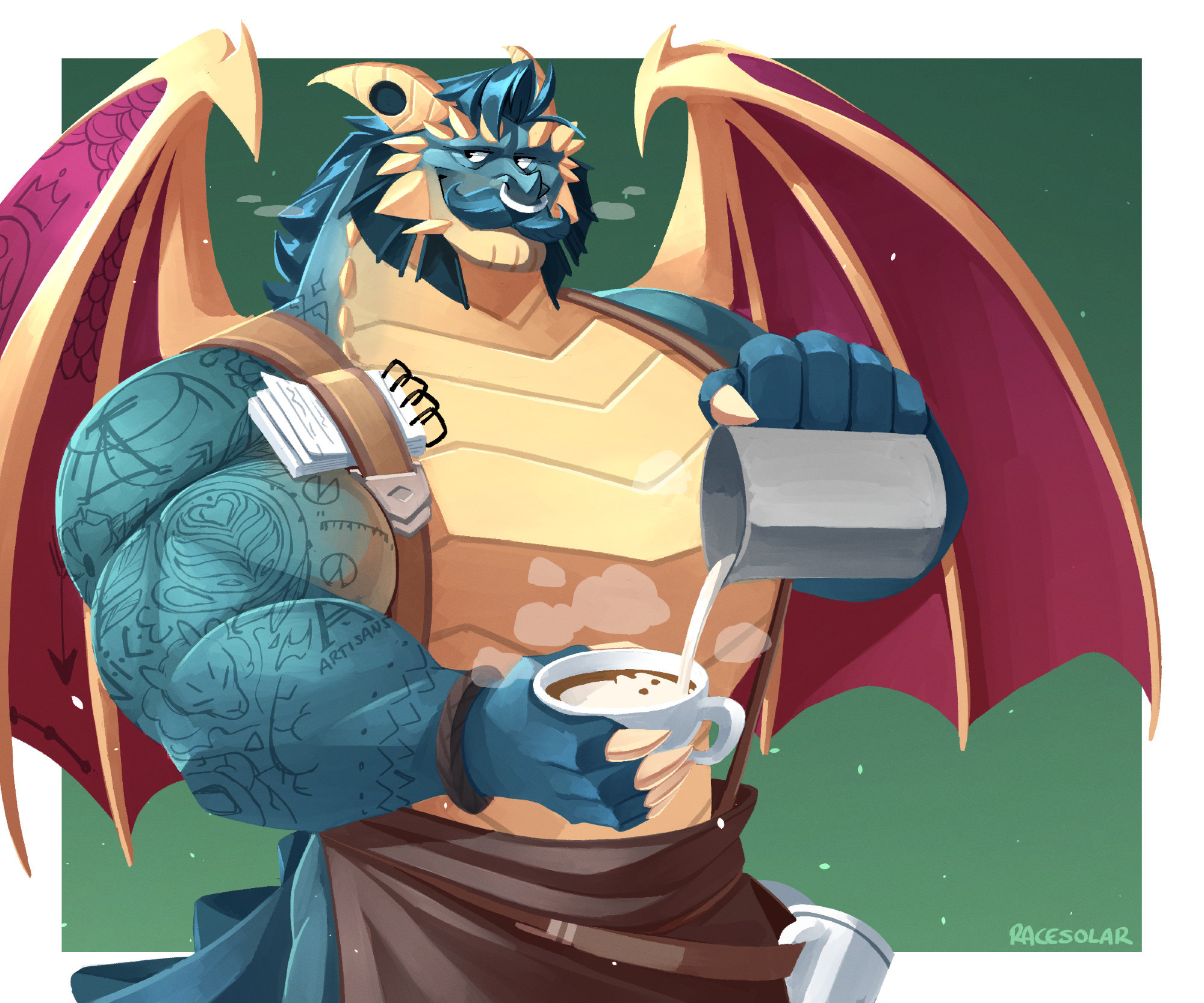 art of Gavin from Spyro: Reignited. he's pouring some latte art shaped like Baba and is smiling off to the side.