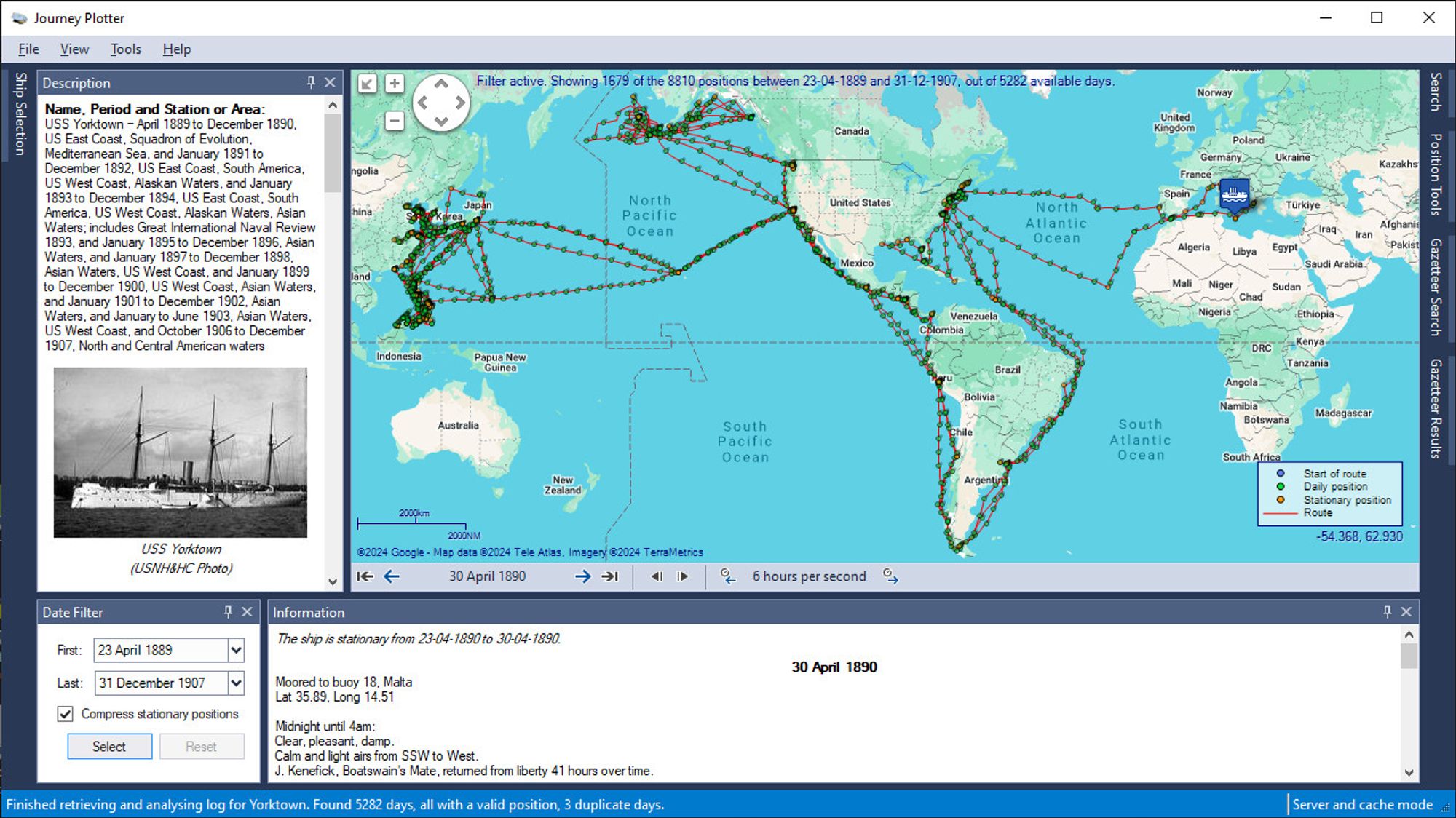 Journey Plotter showing the 1889-1907 journey of USS Yorktown