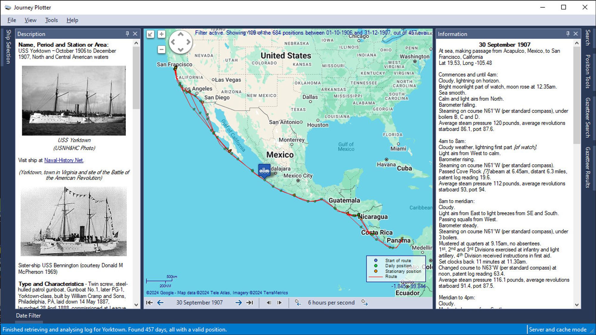 Journey Plotter showing the 1906-1907 journey of USS Yorktown