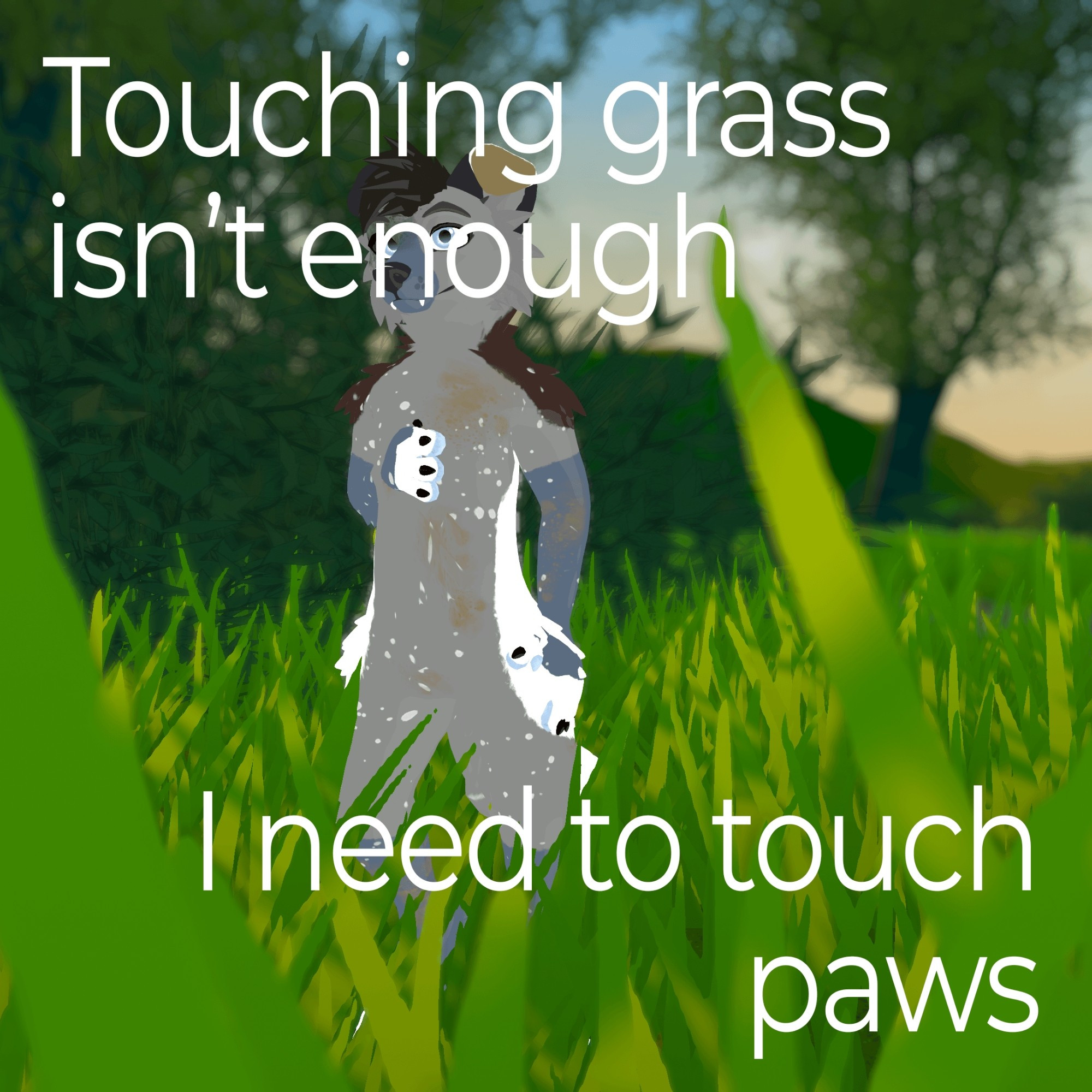 Image of an anthro vrchat character standing in grass, with text "touching grass isn't enough i need to touch paws"