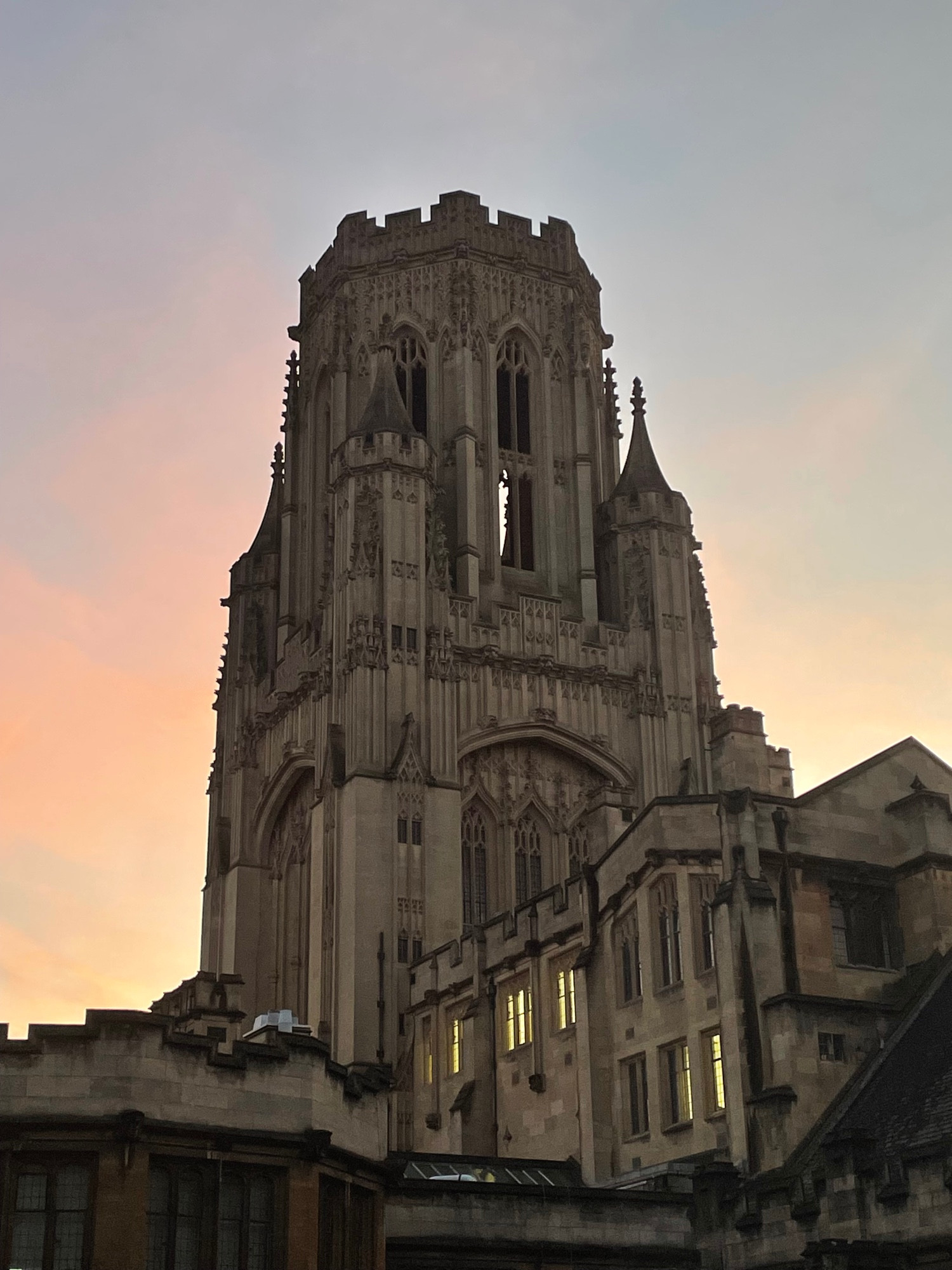 Wills Memorial Building, home of the School of Earth Sciences, at sunset