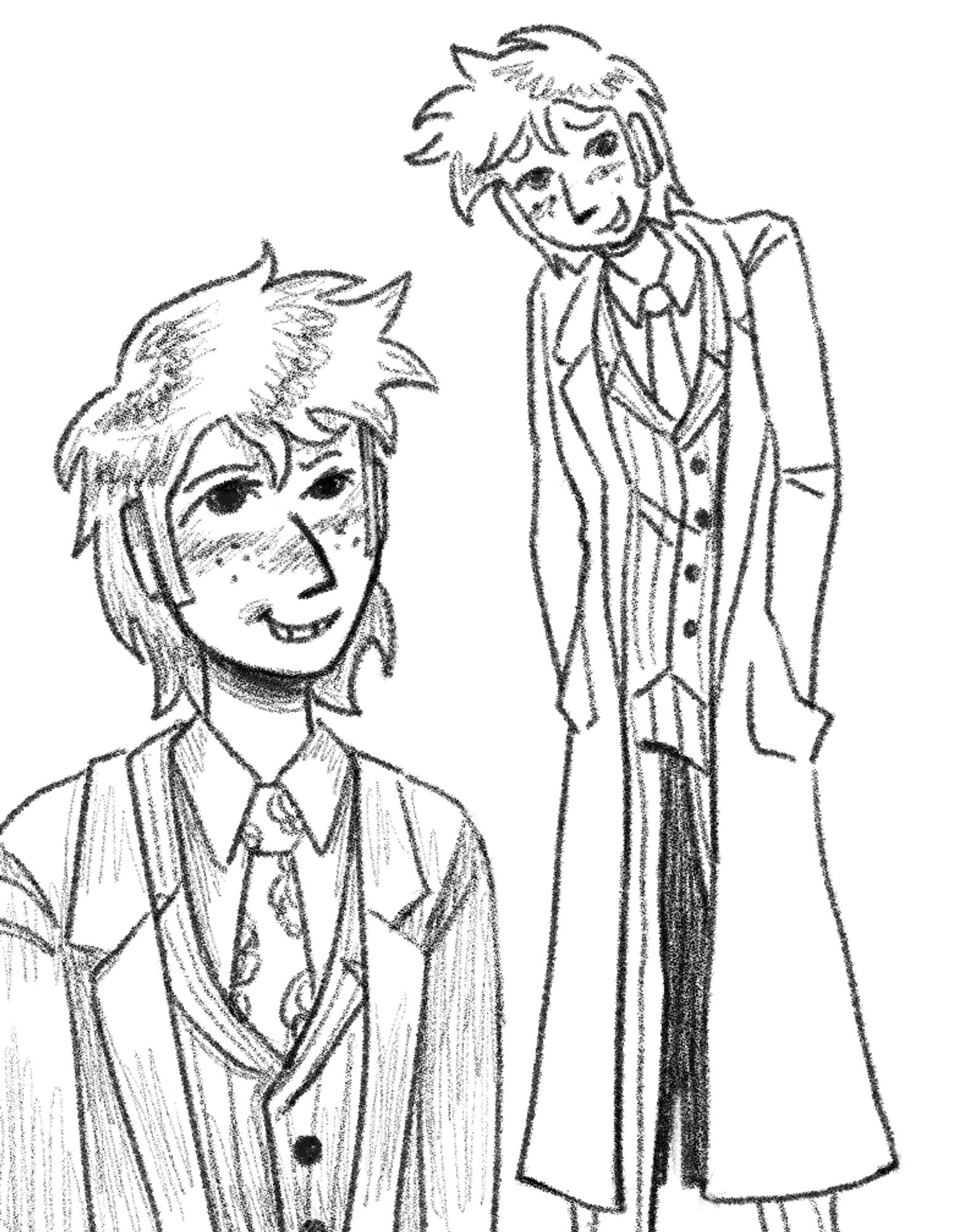 two black and white drawings of the tenth doctor in a cartoony style.  on the left, there is a bust shot of the doctor smirking.  on the right, there is a full-body- excluding the feet- of the doctor, hands in pockets, nervously smiling and looking up.