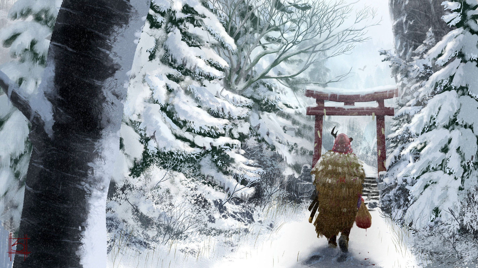 Digital painting of a samurai in red armor and a mino walking though a snow laden forest toward the first torii of a shrine, while carrying a blood soaked bag. In the background visibility fades to white but the faint outline of a mountain can be made out. A cliff face dominates the upper right corner of the piece, and the trunk of a tree dominates the left side in the extreme foreground. 