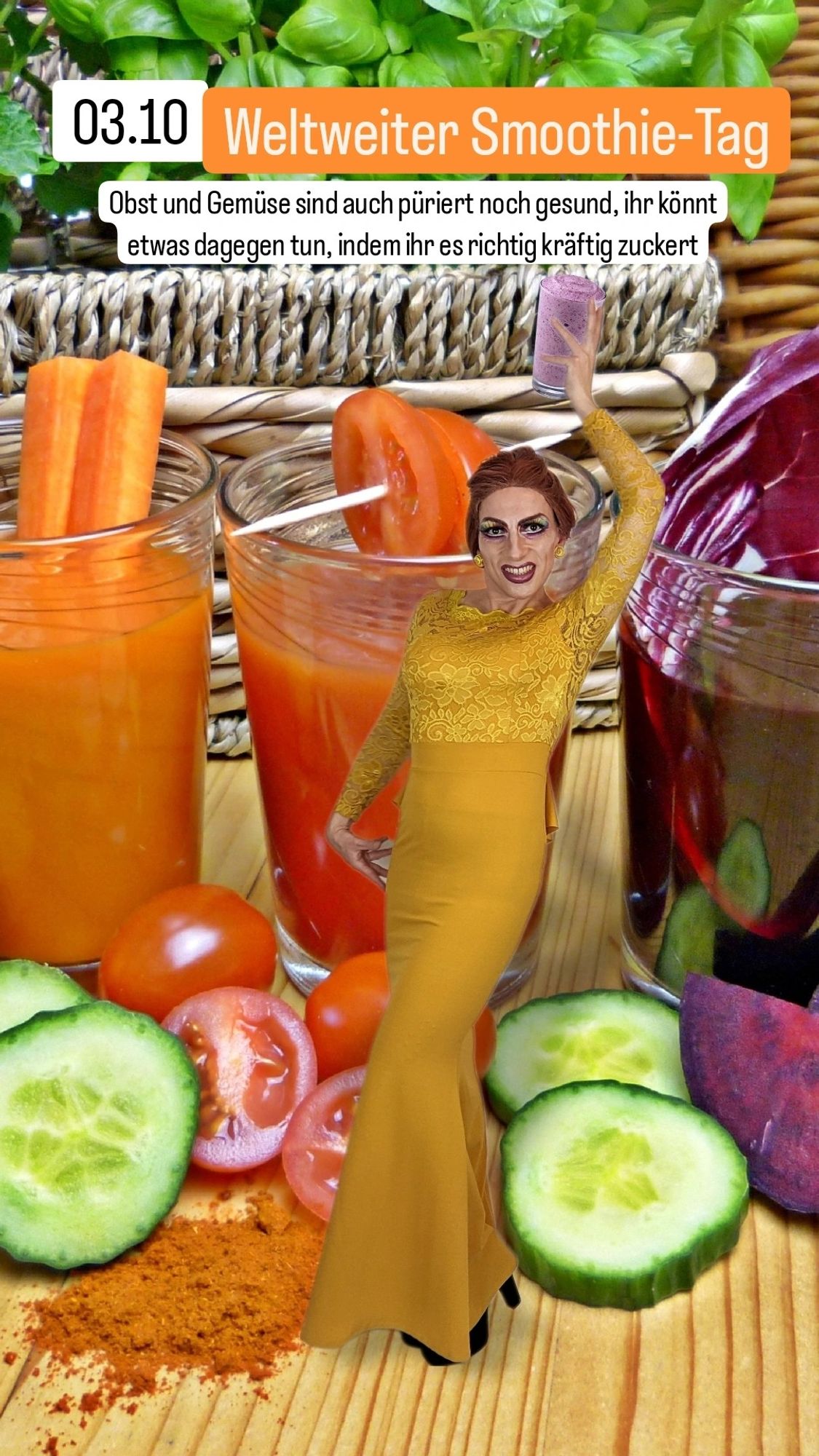 Ich stehe in gelben Kleid vor drei Smoothies mit Karotte, Tomate und Roter Beete in meiner Größe und halte einen Smoothie in die Luft.