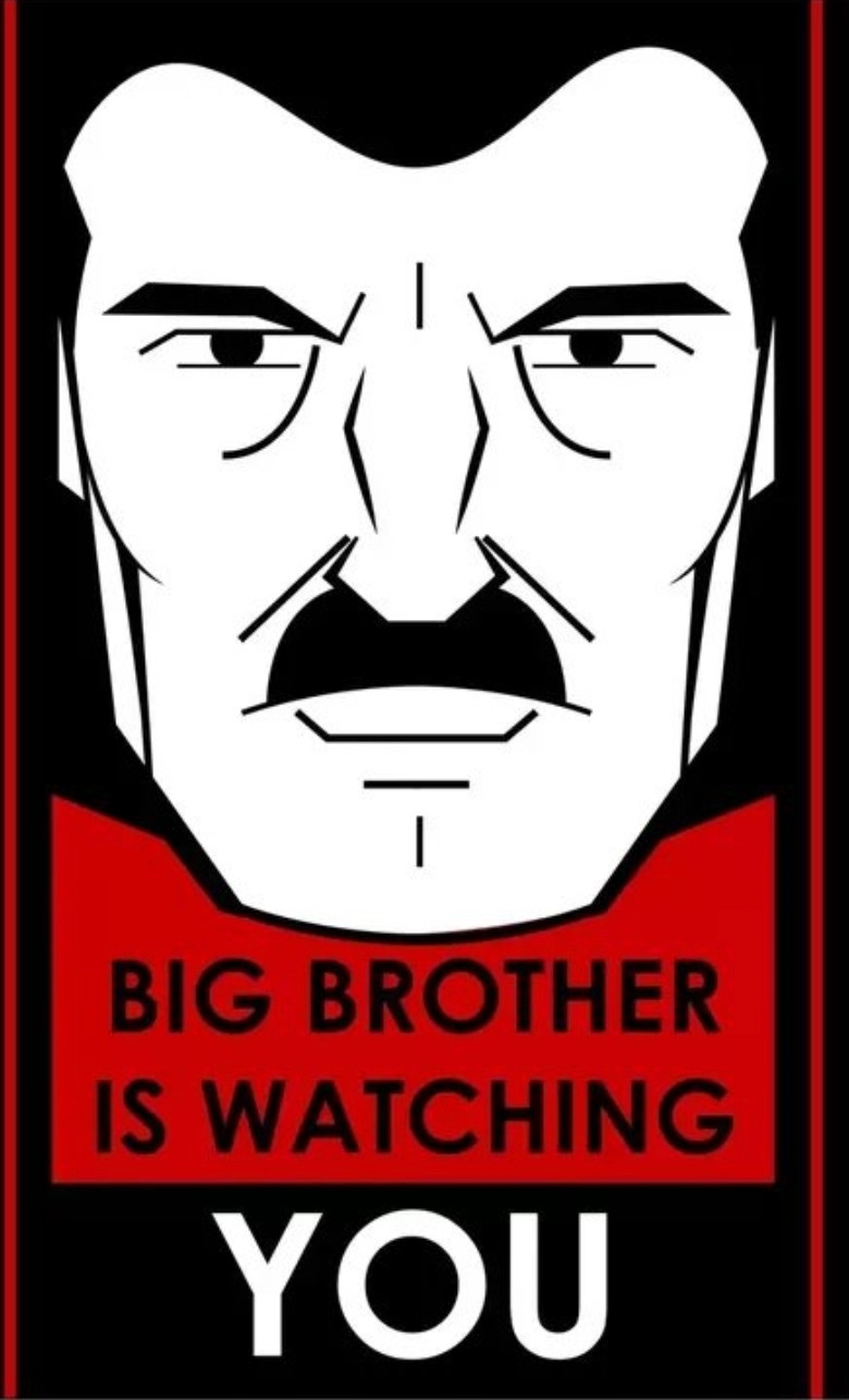 Black, white, and red image of a man's face with the text, "Big Brother is watching you."