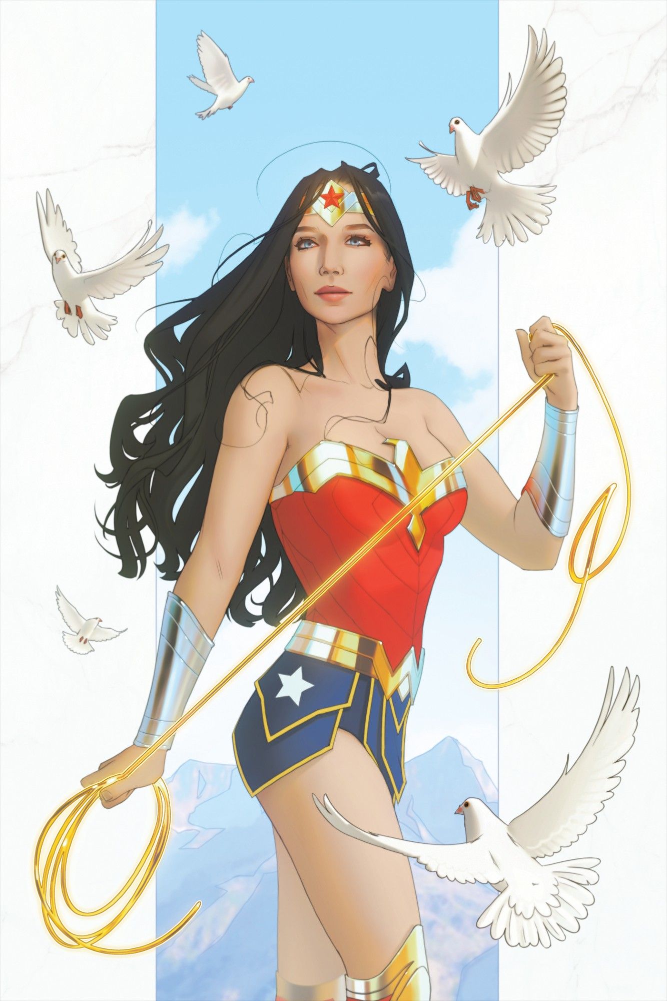 Wonder Woman surrounded by doves holding her golden lasso.