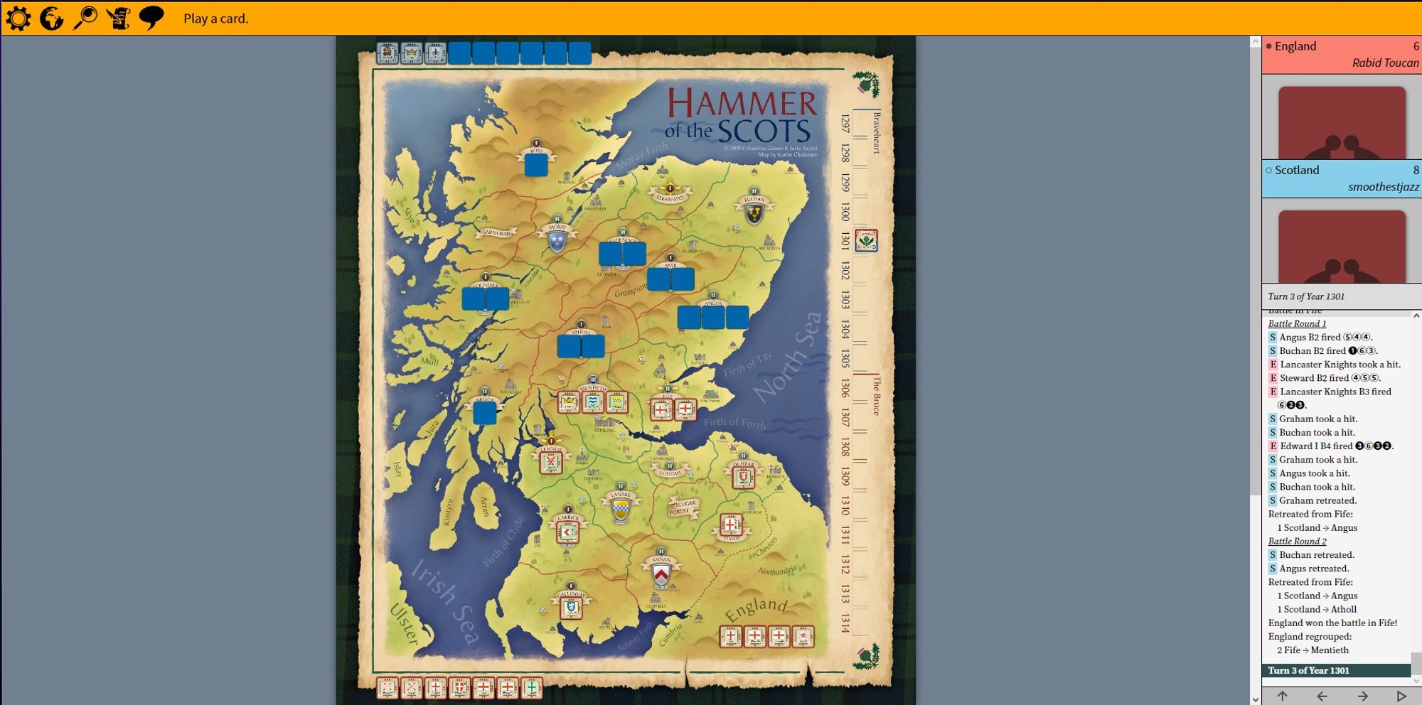 The board for 'Hammer of the Scots' Boardgame played on RallytheTroops.