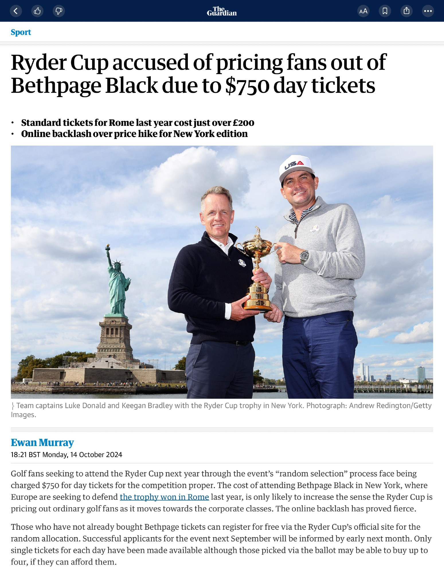 News report of spectator tickets for one competition day at the 2025 Ryder Cup costing $750