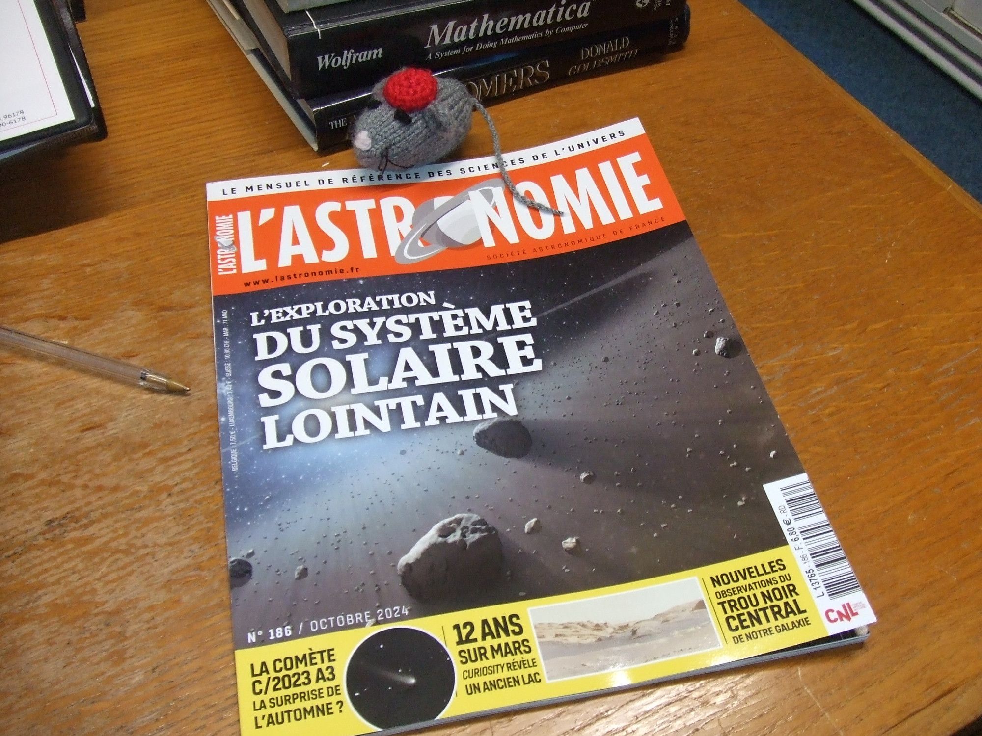 A woolen mouse next to a magazine on a desk