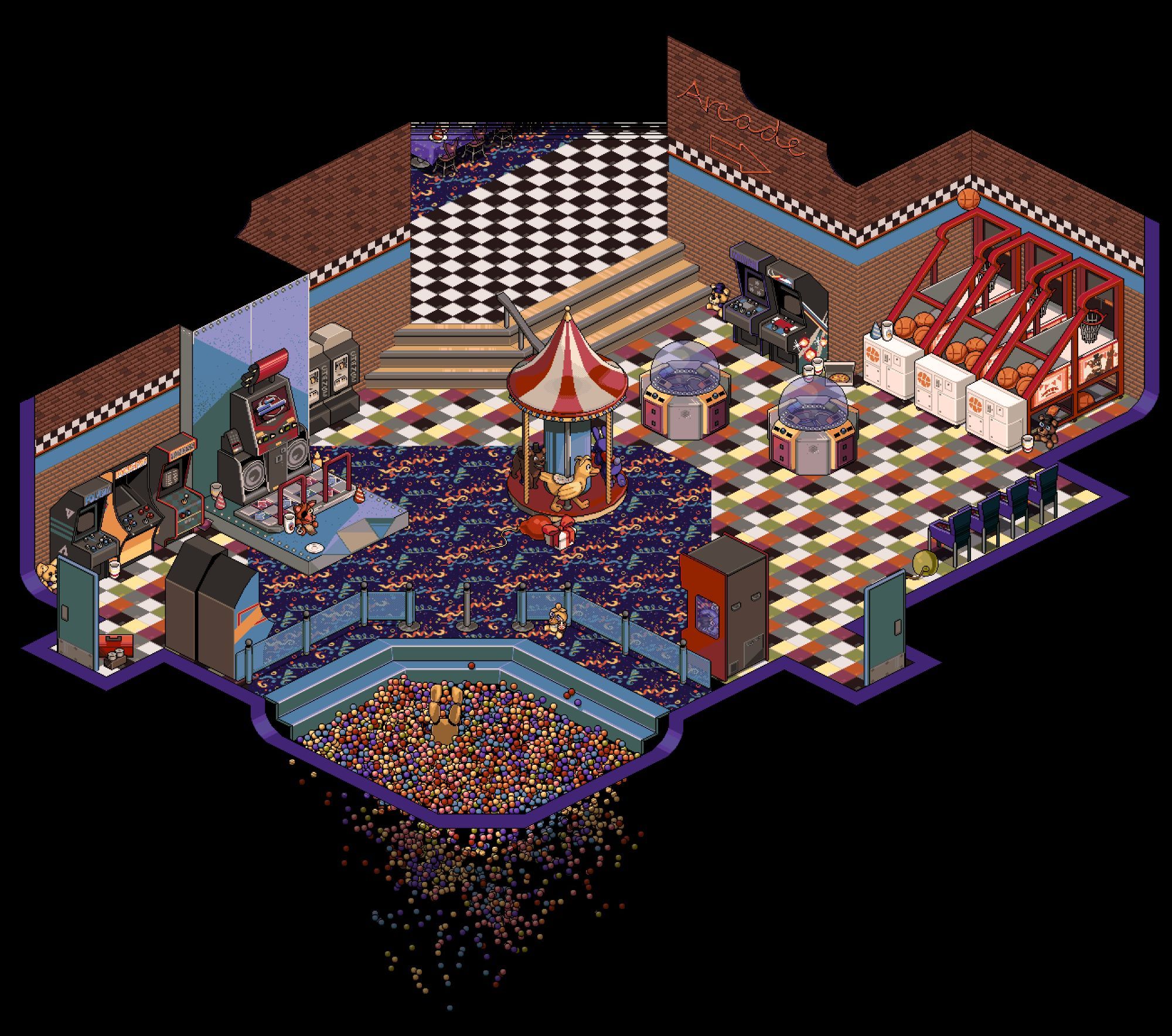 an isometric pixel art rendition of the freddy fazbears pizza place arcade, from middle to right there are stairs leading down into the arcade from the main diner, two upright arcade machines, midnight motorist and asteriods, two cyclone machines, three basketball shooting games and four pinball games, there is a door leading out indented into the wall and a claw machine, on the middle to the right there is a small merry go round with bear, chicken and rabbit rides, a chance machine and a DDR machine, three arcade cabnets, princess quest, "puck" man and polybius, there is another door and two more arcade cabnets, in the bottom left of center of the image is the ballpit that is indented down and has a yellow rabbit animatronic peeking out of it, the balls of the ballpit are spread out below the main space of the image and scatter as they get further down, the space is littered with cups, party hats, snacks, and plushies