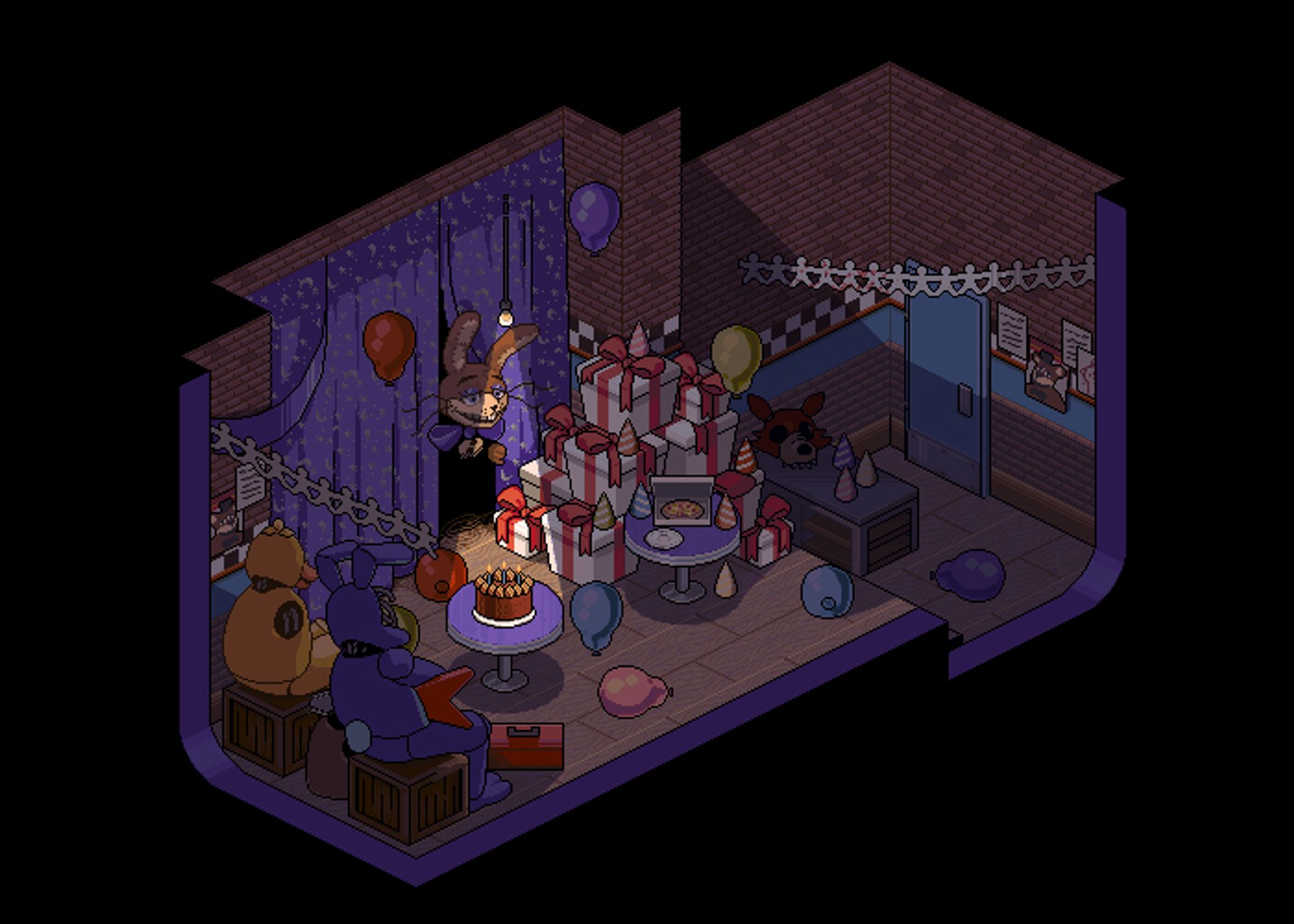 isometric pixel art image of backstage at freddy fazbears pizza place, there is a workbench with party hats and foxys head ontop of it, a paper garland cut to resemble people that is bloodstained, a mountain of presents, there is a pizza with plates, a cake under a small lightbulb spotlight, chica the chicken and bonnie the bunny are facing away from the camera they are in a broken down state, chica is missing atleast one of her arms and bonnie does not have the front of his face, he is holding his guitar, from behind a purple starry curtain glitchtrap is peaking out