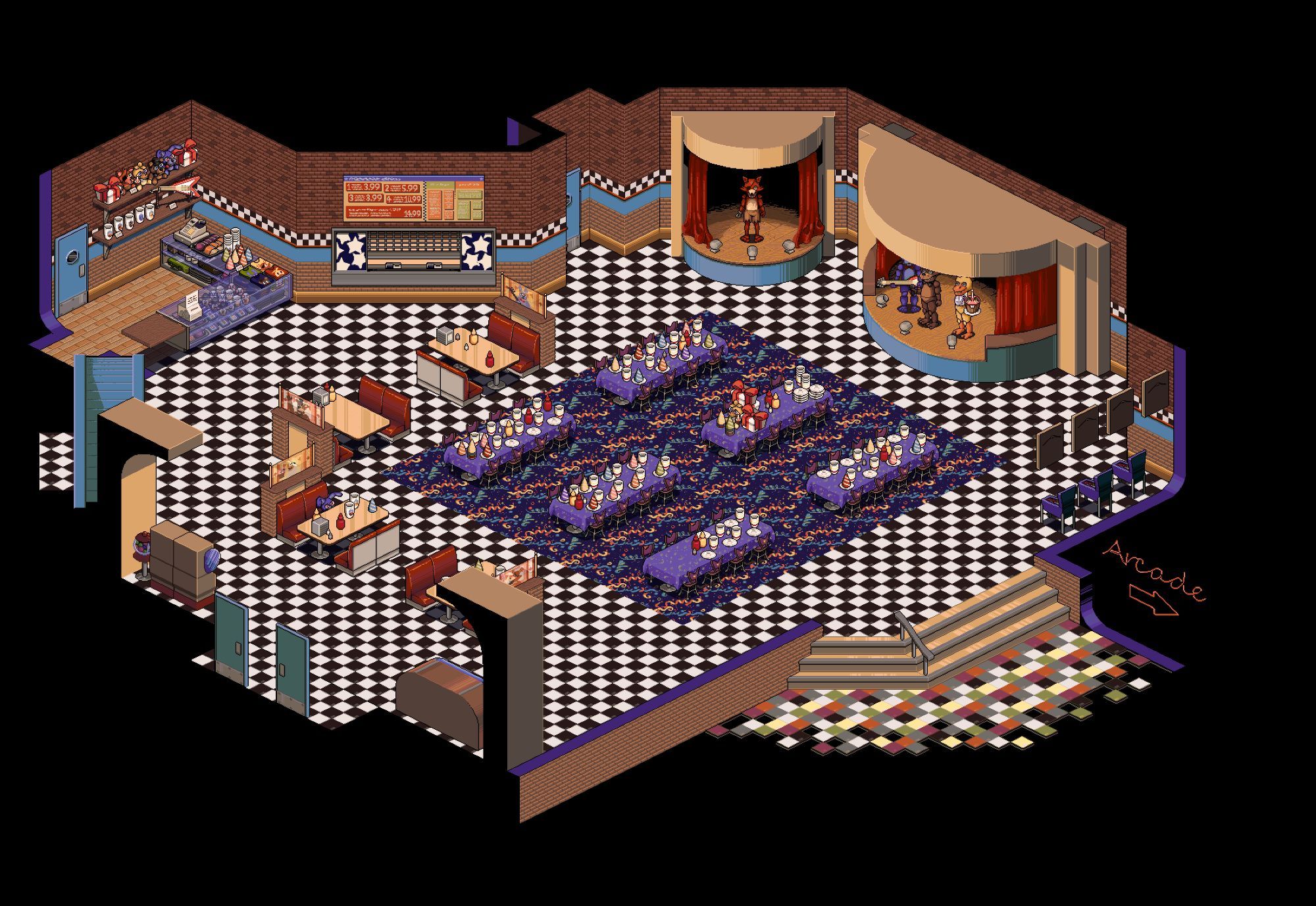 isometric pixel art of the main diner of freddy fazbears pizza place, from left to right there is the main enterance, a ticket counter, a gumball and a gashapon machine, four boothe style seating spaces with character art of bonnie, chica, foxy and freddy decorating the partition walls with glass, a service counter and resturant menu, a jukebox, six party tables in various states of use, a side stage for foxy, a main stage for bonnie freddy and chica and three pinball machines, there are some stairs and a neon sign pointing to the arcade