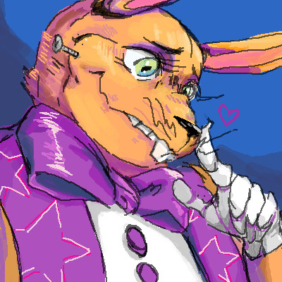 low resolution image of springbonnie from fnaf, a yellow-orange animatronic rabbit wearing white gloves, a large purple bow and a star patterned vest, he has a screw like hinge in his jaw, he his touching his nose with his first finger of his left hand with a small emotive heart next to his finger