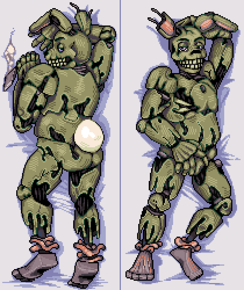 image containing Two images of Springtrap from five nights at freddys in body pillow style laying on his front and stabbing a knife into the pillow itself with the stuffing coming out of the tear while looking over his shoulder, in the next image he is laying on his front with his hand laying on his crotch and the other behind his head.