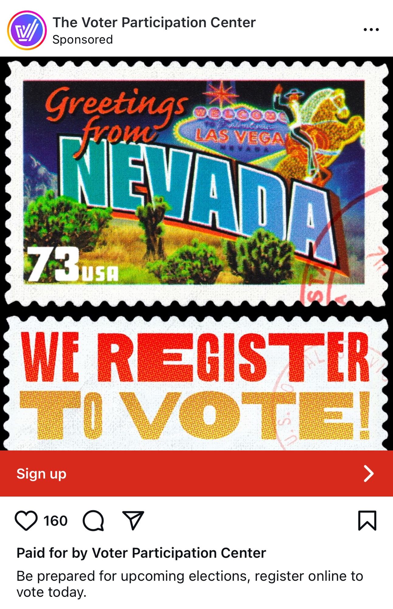 an instagram ad from the voter participation center encourages people in nevada to register to vote