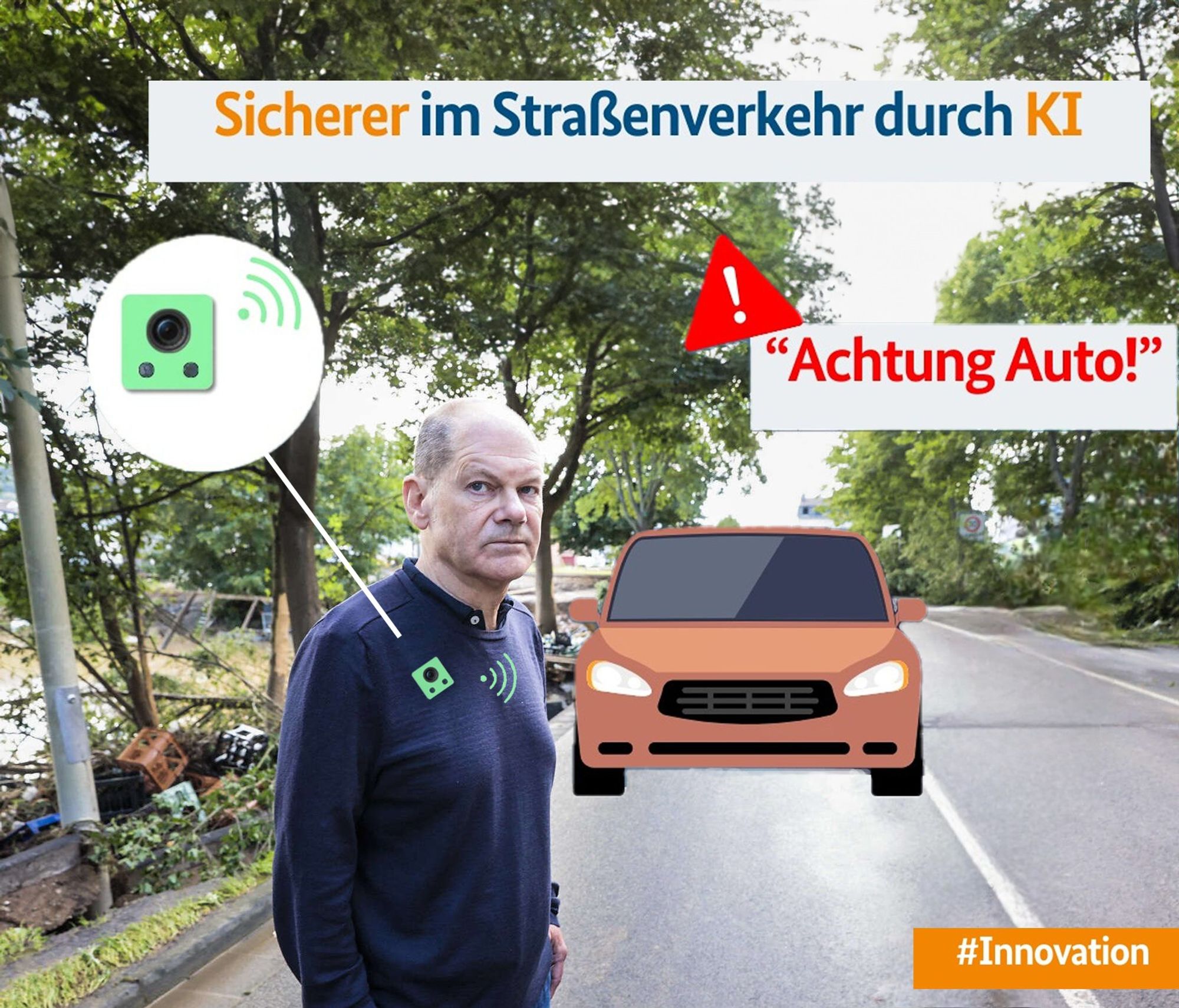 Das Foto mit Olaf Scholz misstrauisch auf der Straße stehend gemixed mit der Werbung für den EduPin, dem symptomabmildernden Warnsystem für Kinder im Straßenverkehr