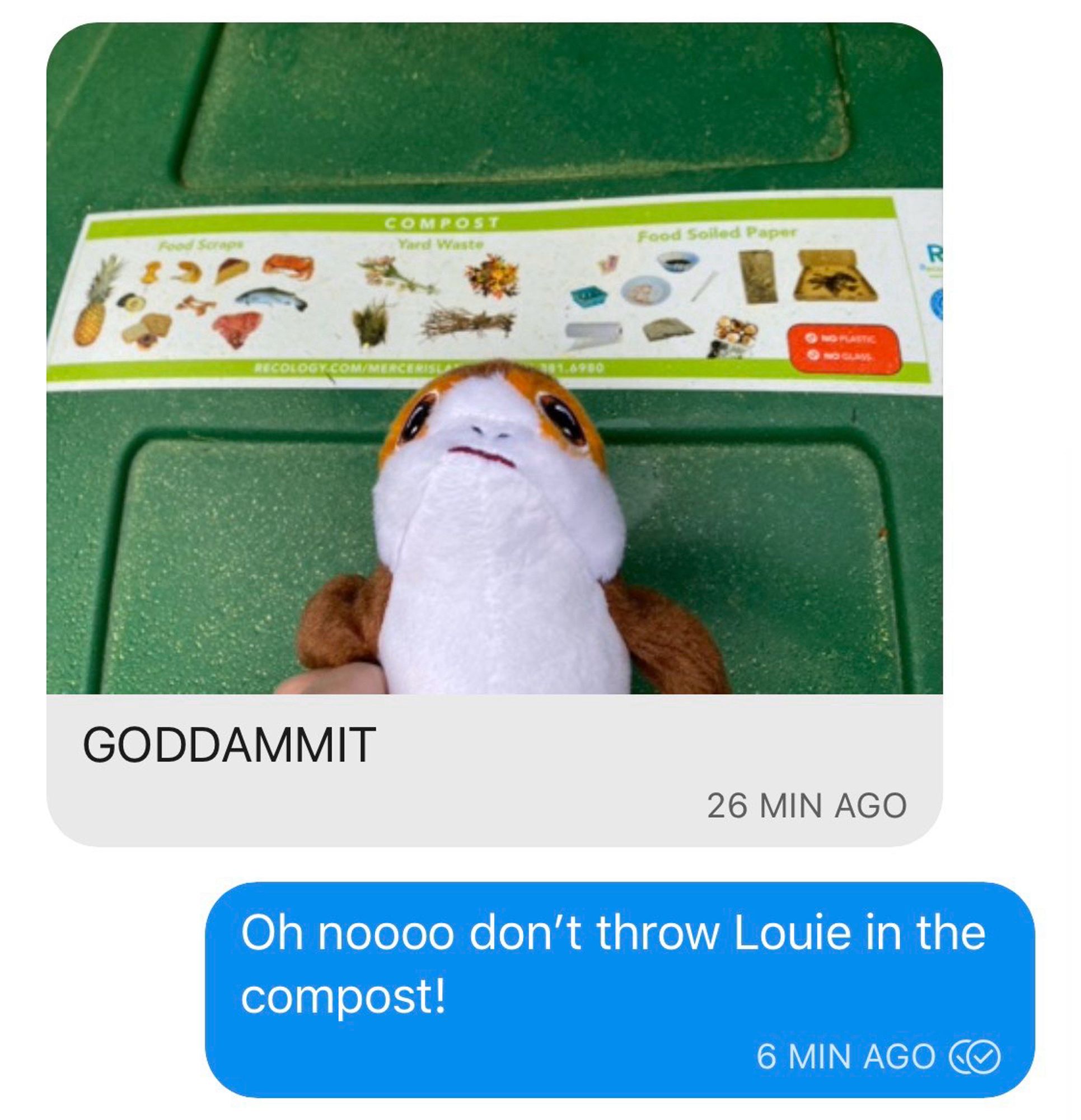 A photo of a Porg and a garbage bin in a text thread with the texts

COMPOST
Yard Was
Food Soile
GODDAMMIT
26 MIN AGO
Oh noooo don't throw Louie in the compost!
6 MIN AGO