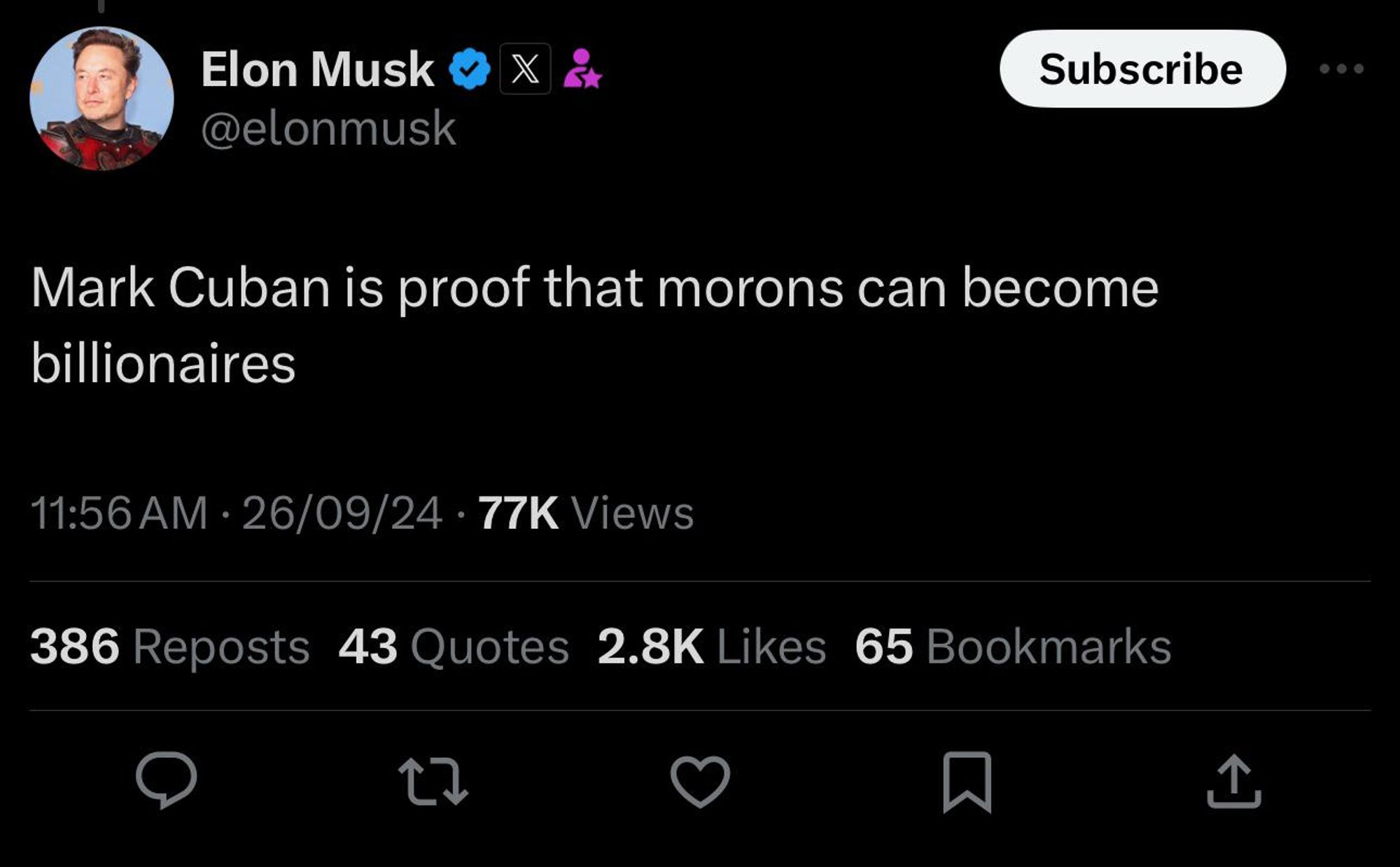 Elon Musk tweet that reads: Mark Cuban is proof that morons can become billionaires.