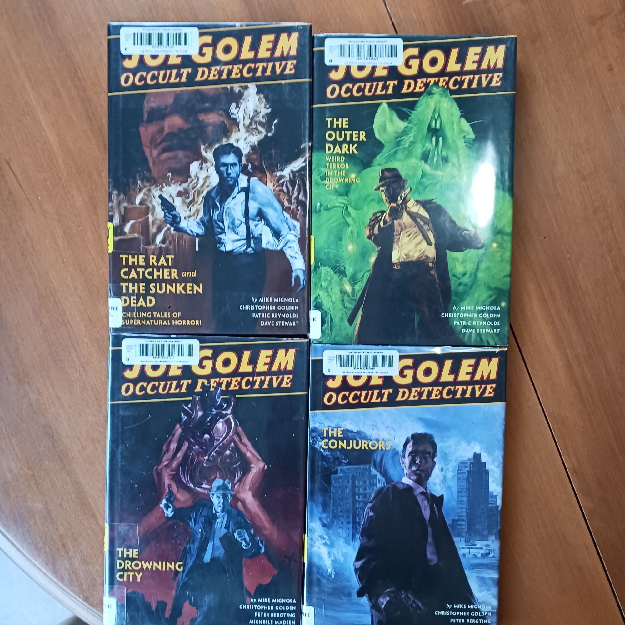 4 GN of Joe Golem Occult Detective, yellow headers on pulpy backgrounds.