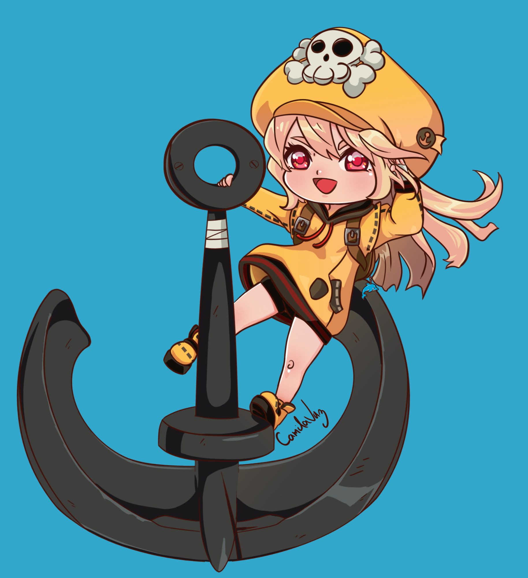 Chibi May hanging on her huge anchor in her yellow palette colour.