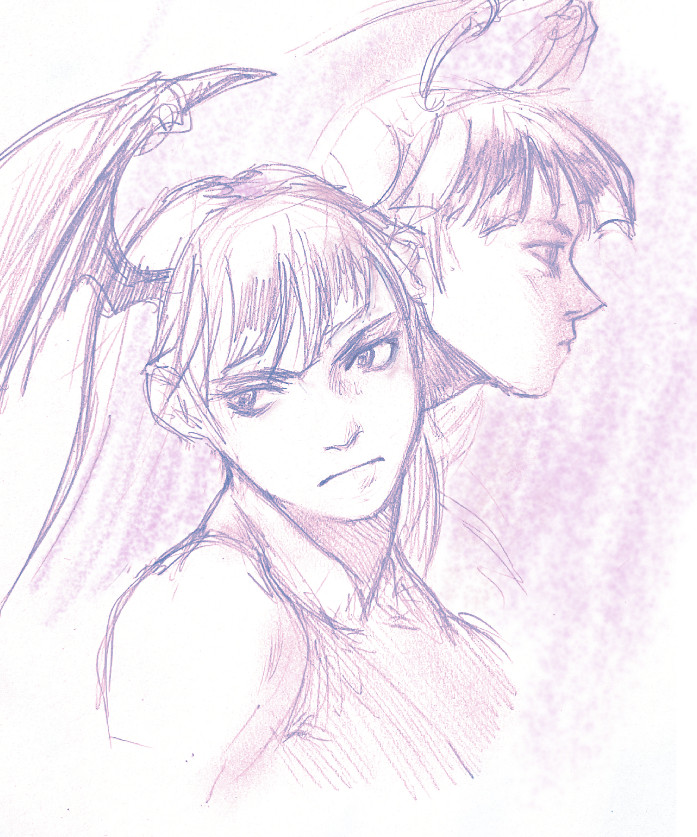 portrait drawings of Morrigan Aensland in profile view and forward-facing view