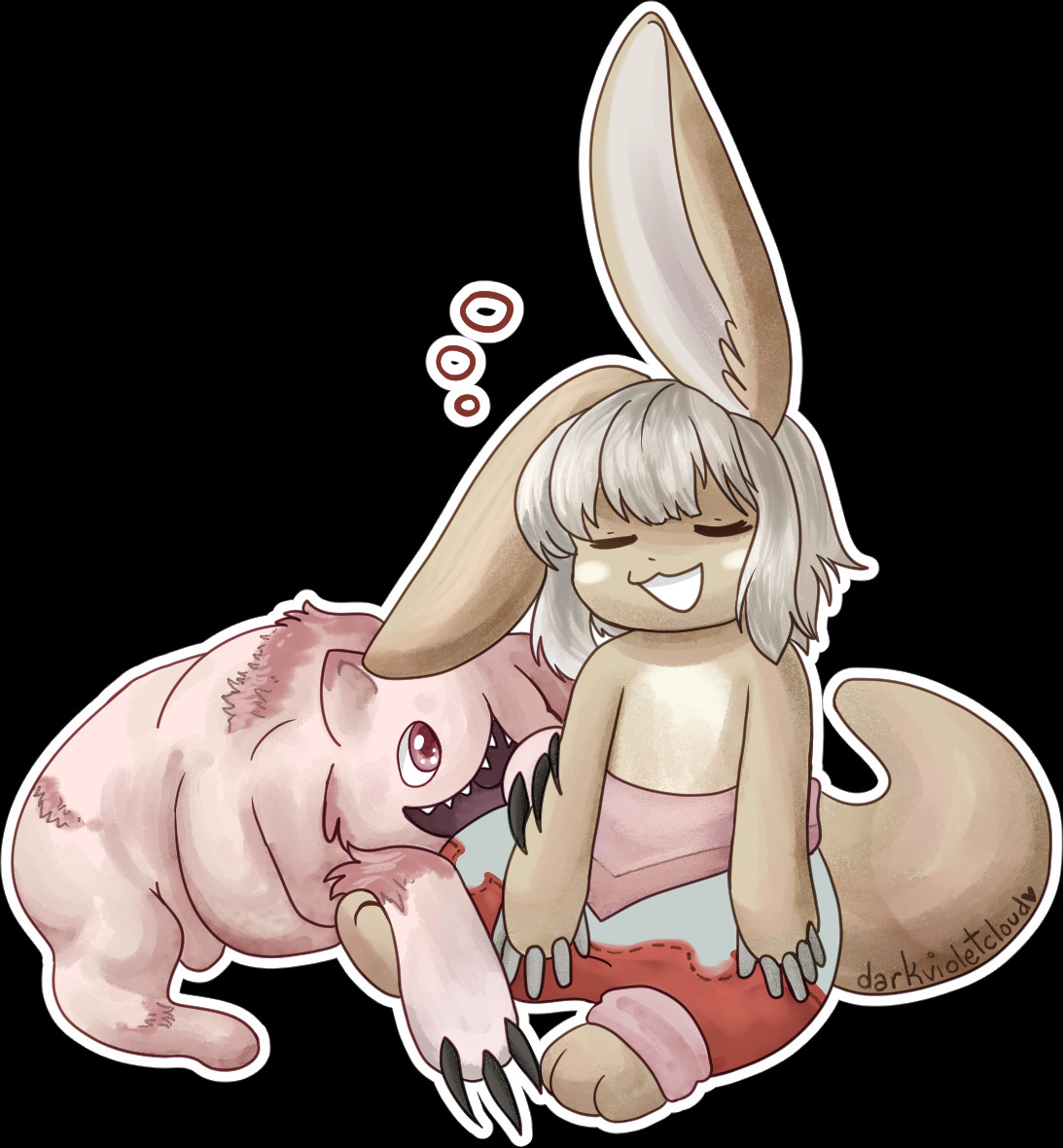 Nanachi sleeping sitting up while Mitty looks up at her with a smile on her face.