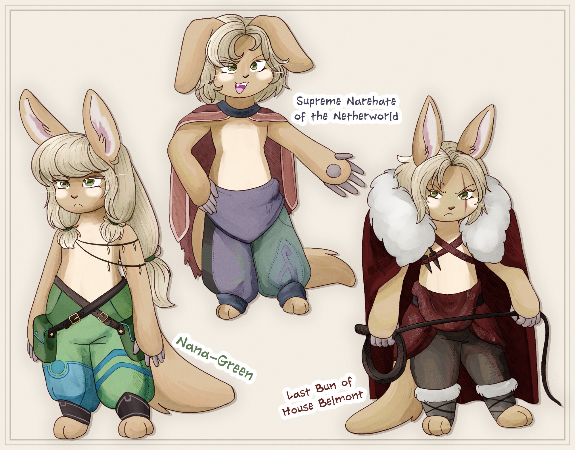 Nanachi wearing an alternate green outfit, wearing an altered version of Reg's outfit, and wearing Trevor Belmont's outfit from the first season of Castlevania.