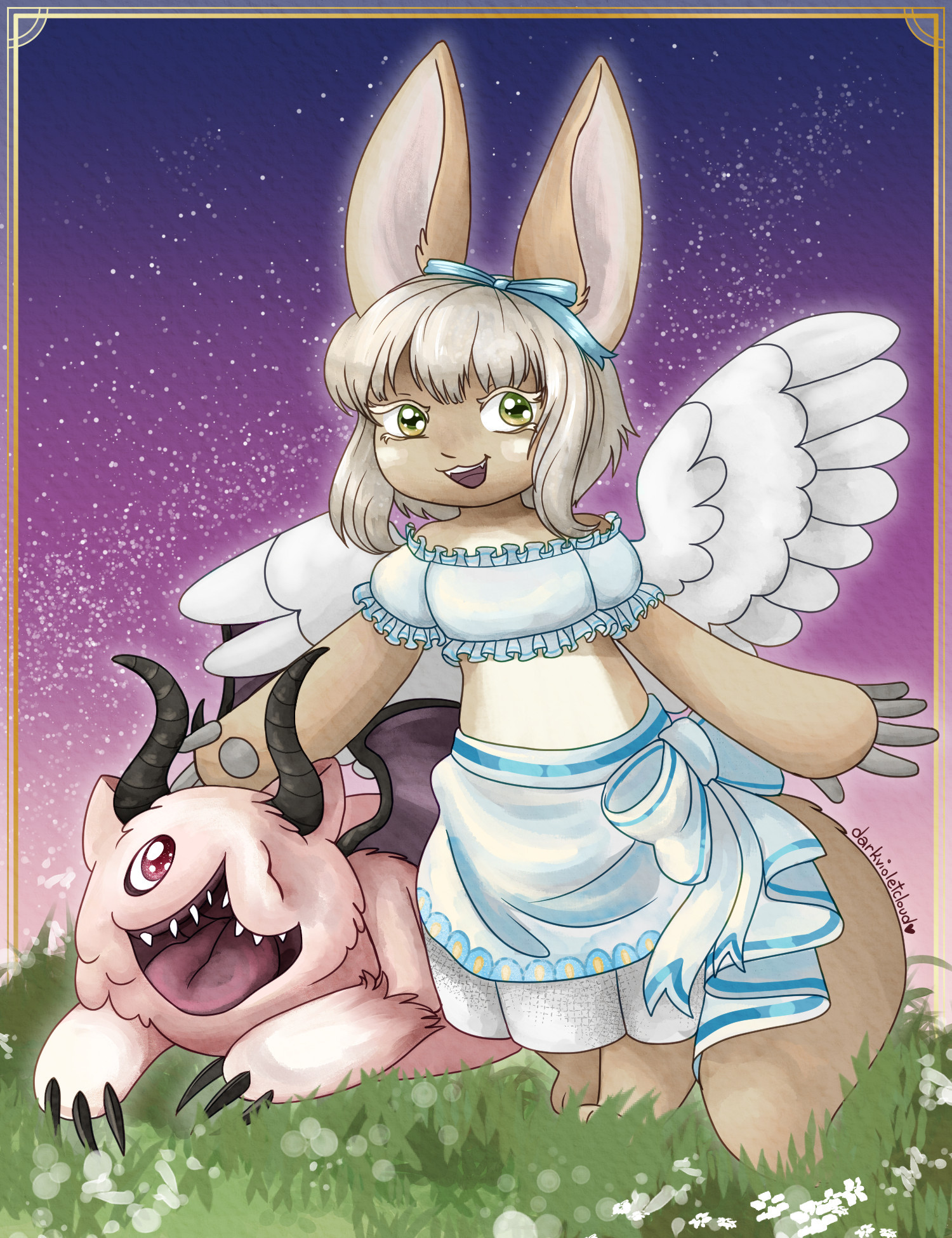 Nanachi wearing an angel costume, next to Mitty wearing a devil costume.