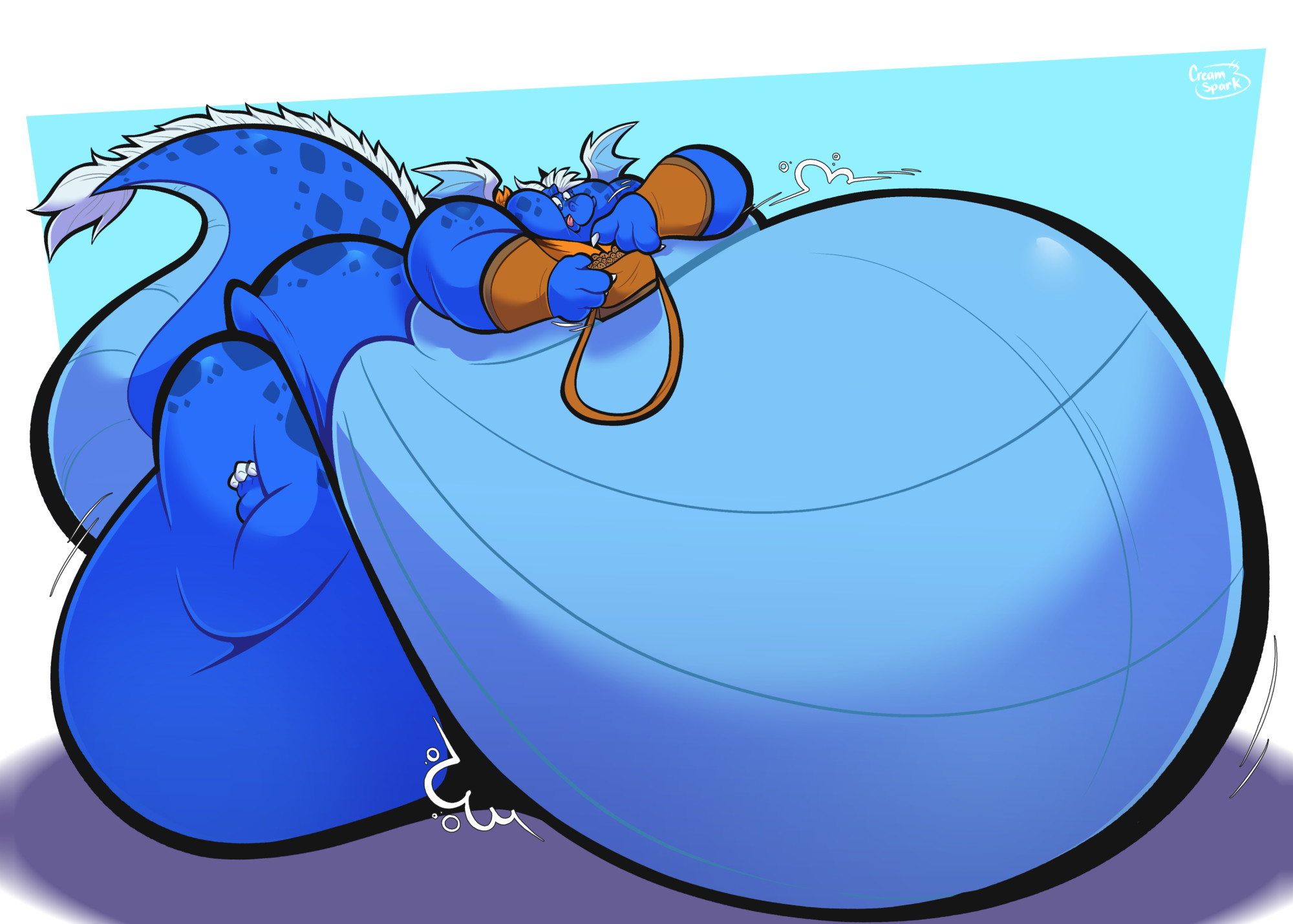Samson gorging on cookies from his magic bag. Having consumed enough calories to have fattened himself up into an immobile blob.