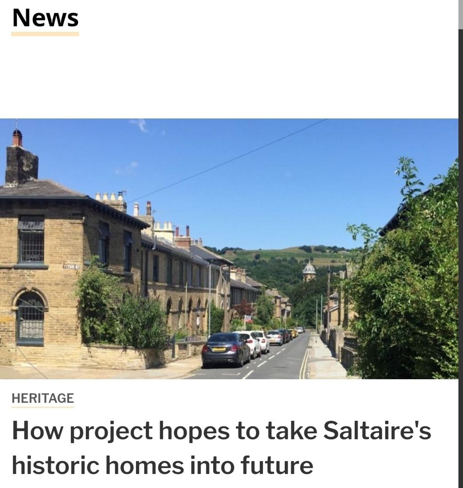 T&A article.  photo of Saltaire. headline; how project hopes to take Saltaire’s Historic homes into future