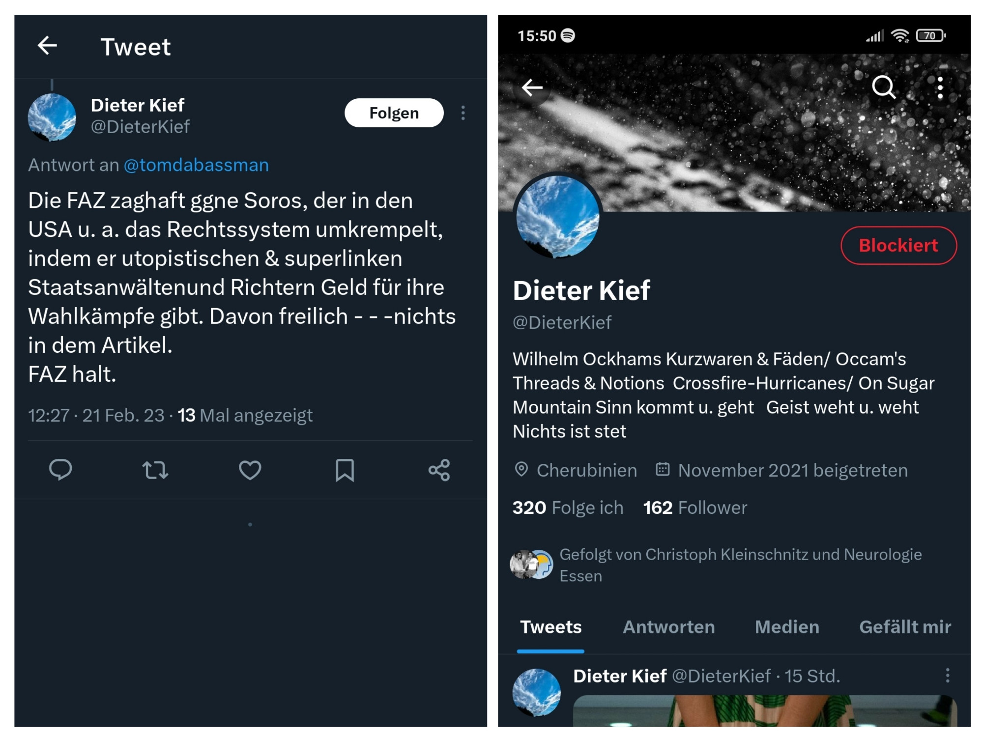 Collage von Screenshots die zeigen, dass die Neurologie Essen und Christoph Kleinschnitz einem AfD-Fan auf Twitter gefolgt sind